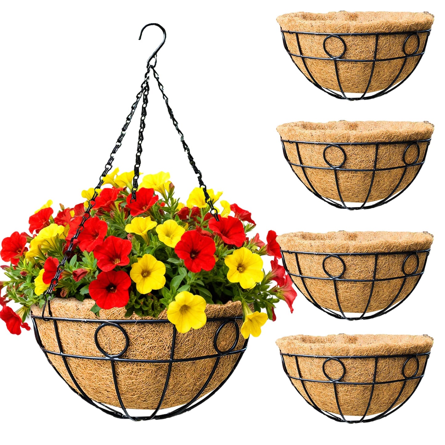 JFFLYIT 4 Pack 14" Round Metal Hanging Basket for Outdoor Plants Durable Large Hanging Planter with Coco Coir Round Plant Holders Planter for Outside Garden Decoration (Circular)