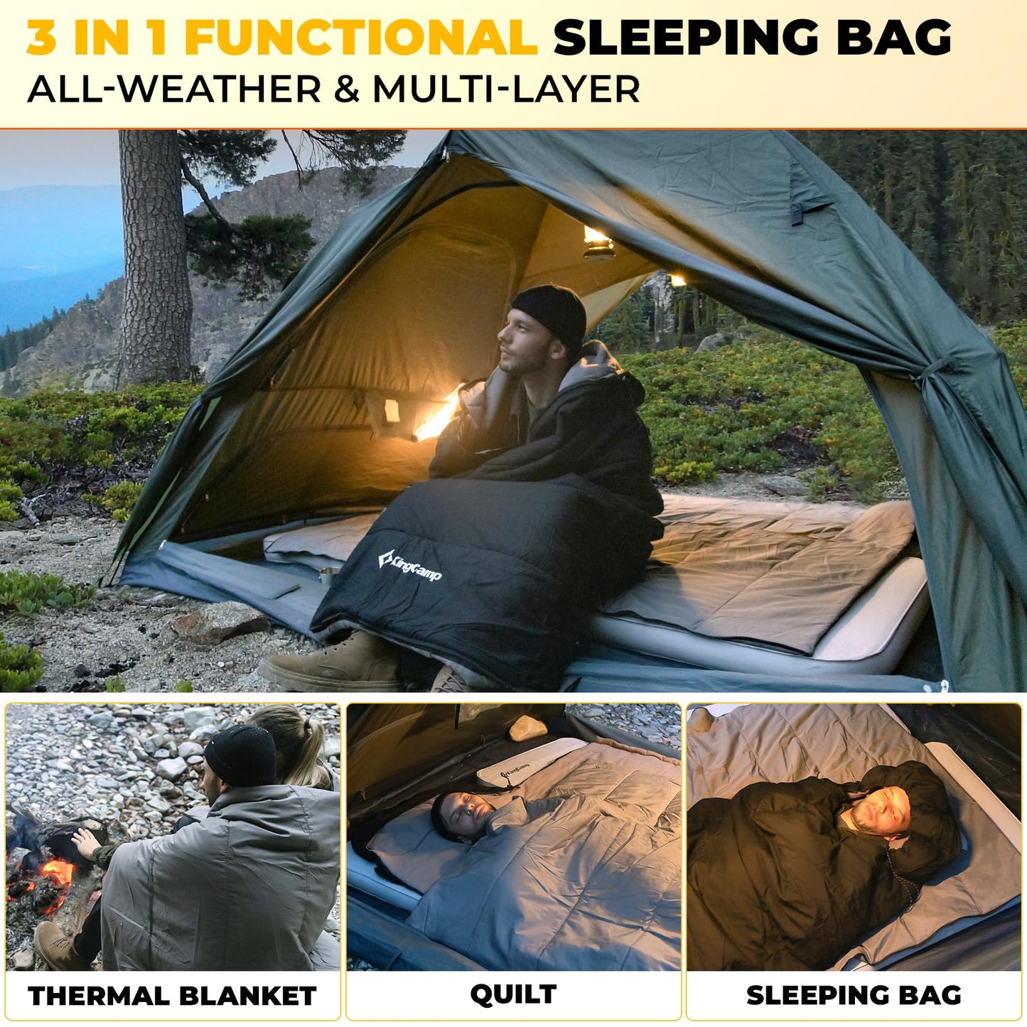 KingCamp 3-in-1 Sleeping Bag for Adults Cold & Warm Weather, XL Size for Big & Tall Individuals, Waterproof, Flannel Lining, Extra Length-Ideal for Camping & Backpacking (Black)