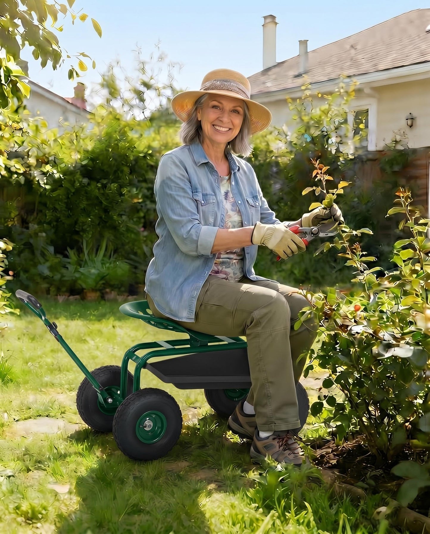 Heavy Duty Garden Cart, Garden Scooter Rolling Work Seat, 360° Swivel with 10-Inch All-Terrain Inflatable Tires, Extendable Steering Handle & Metal Tool Tray for Planting, Weeding, Yard Work