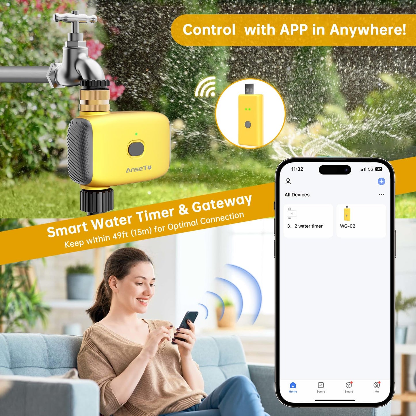 AnseTo WiFi Water Timer for Garden WiFi Sprinkler Timer Outdoor, Irrigation Timers 1 Outlet Brass Inlet WiFi Hose Timers with APP Remote Control/Rain Delay/Manual for Garden/Lawn/Yard Watering System
