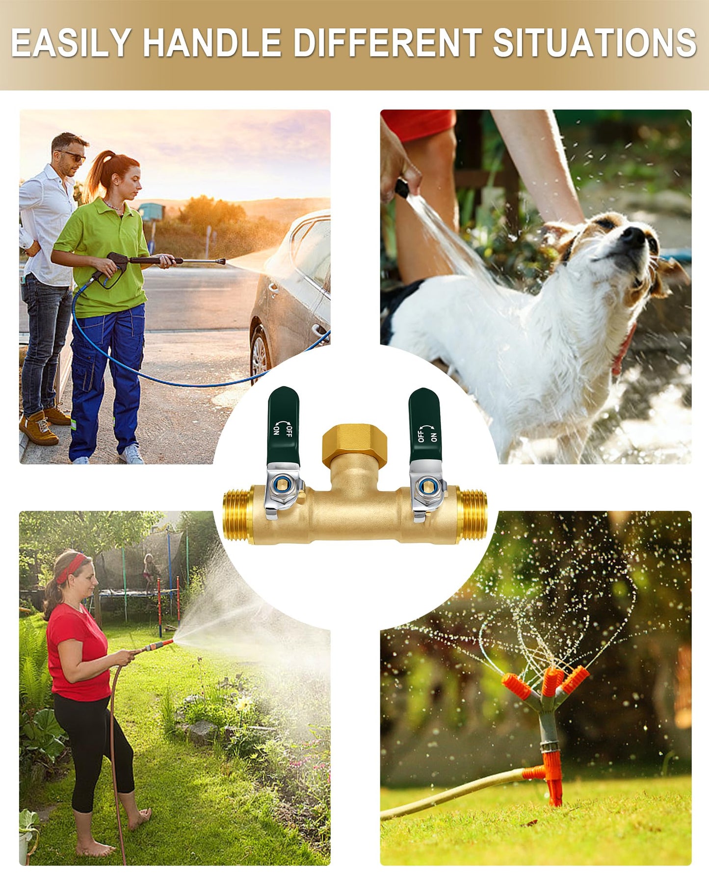 EBH Garden Hose Splitter 2 Way, Heavy Duty Solid Brass Hose Splitter with Shutoff Valves, Water Spigot Splitter With 304 Stainless Steel Handle, Full Flow Outdoor Faucet Splitter, 3/4" GHT Thread