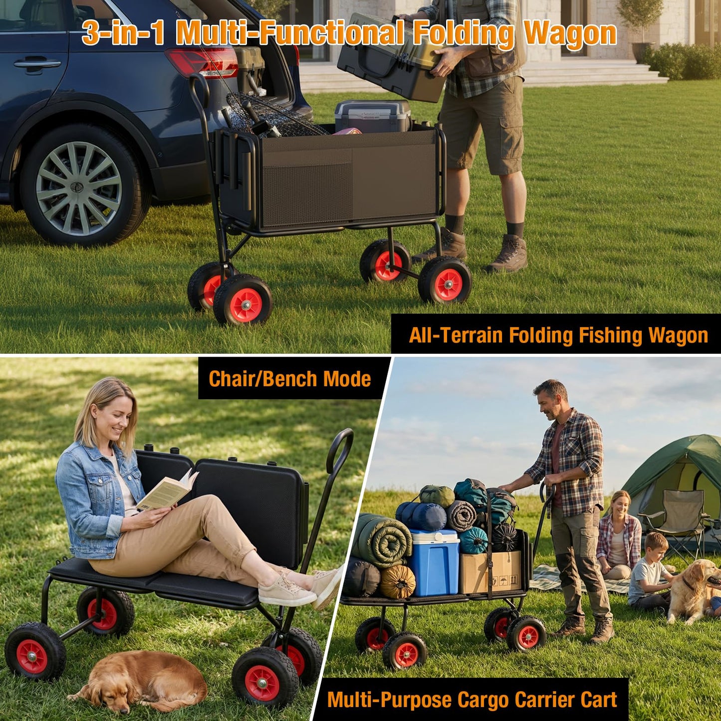 3 in 1 Beach Fishing Cart, Heavy Duty Garden Carts w/All Terrain Inflatable Tires, Folding Wagon Cart, Convert to Chair or Bench with Cushion, Rod Holders and Durable Oxford Bag