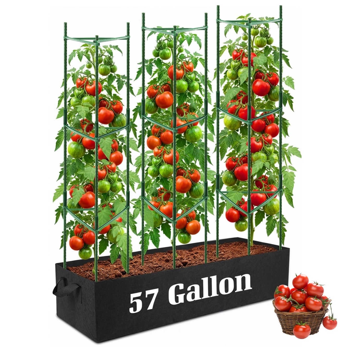 BobbleT 3 Pack Heavy Duty Tomato Cages with 57 Gallon Grow Bag, 48" Adjustable Tomato Trellis for Raised Garden Bed, Sturdy Triangle Plant Support for Climbing Vegetables, Cucumbers & Garden Plants