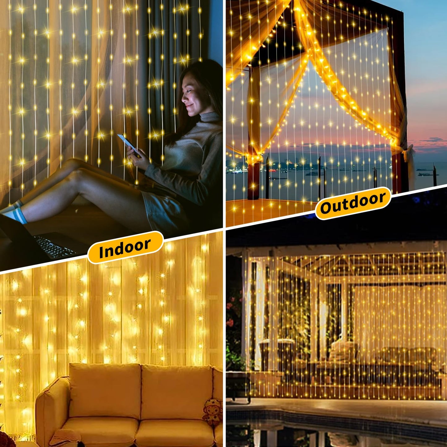 Solar Curtain Lights Outdoor Waterproof 10 * 10Ft 300LED Waterfall Light with 8 Modes Remote Rechargeable Dimmable Hanging Twinkle Fairy String Lights for Outside Christmas Gazebo Party Wedding