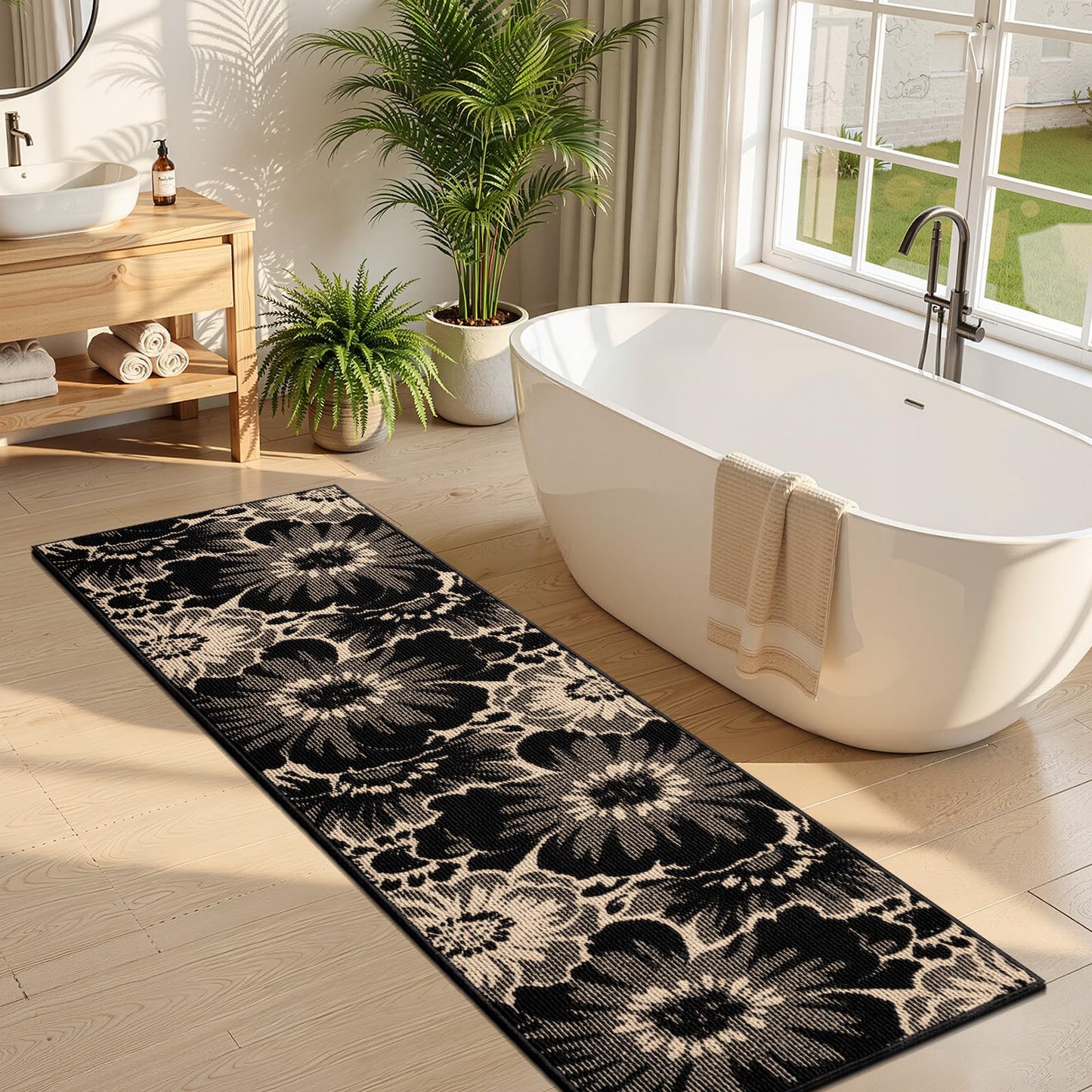 Findosom Hallway Runner Rug 2x8, Non Slip High-Low Textured Floral Washable Runner Rug with Rubber Backing, Boho Carpet Runner for Kitchen, Entryway, Bedroom, Laundry, Black & Beige