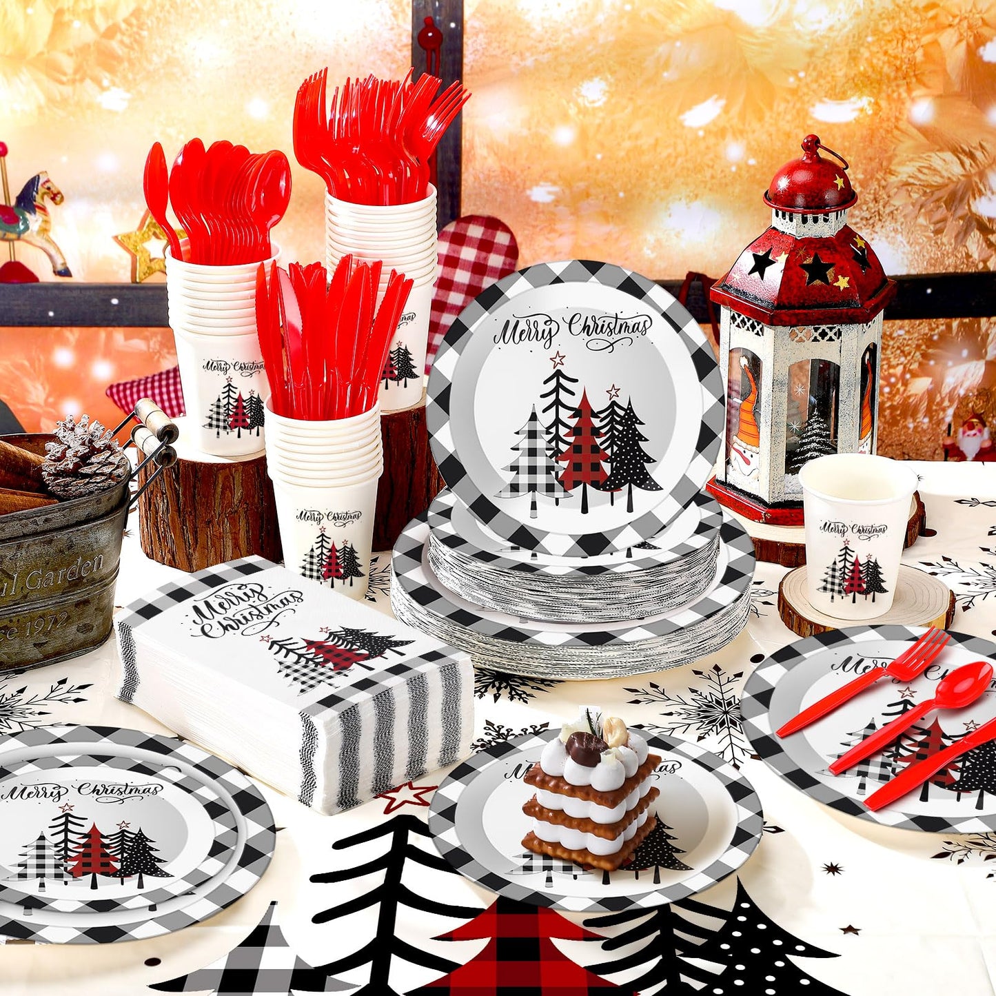 Dandat 402 Pcs Disposable Party Supplies - Christmas Plates Napkins Cups Tablecloth for Holiday Xmas (Black White, Christmas Tree)