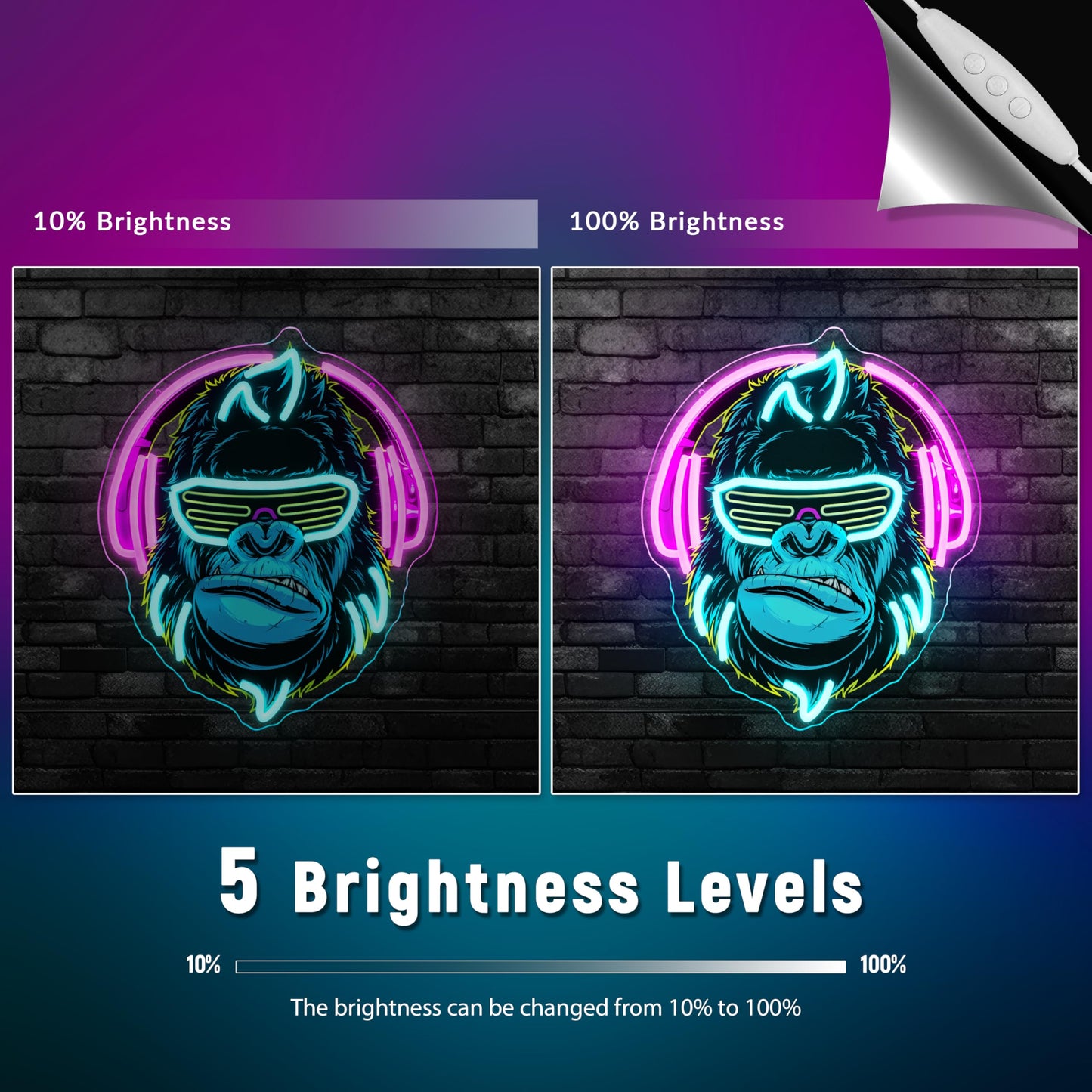 zidoni Headphones Gorilla Neon Sign Dimmable Kong Led Neon Light for Wall Decor,Game Room,Man Cave,Home Party Bar Decor,USB Powered Led Sign