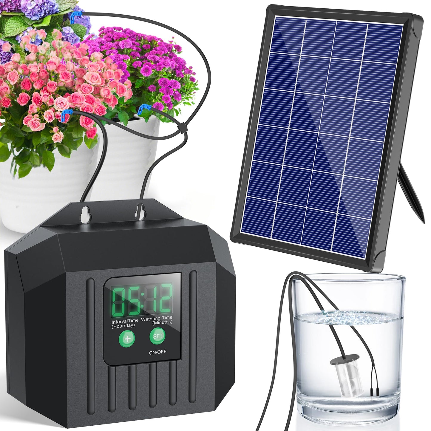 NFESOLAR 4W Solar Drip Irrigation Kit for Outdoor Indoor Plants, Customizable Watering Duration 1–30min & Interval 3h–7d, Solar Irrigation System for Garden Patio Balcony Vacation