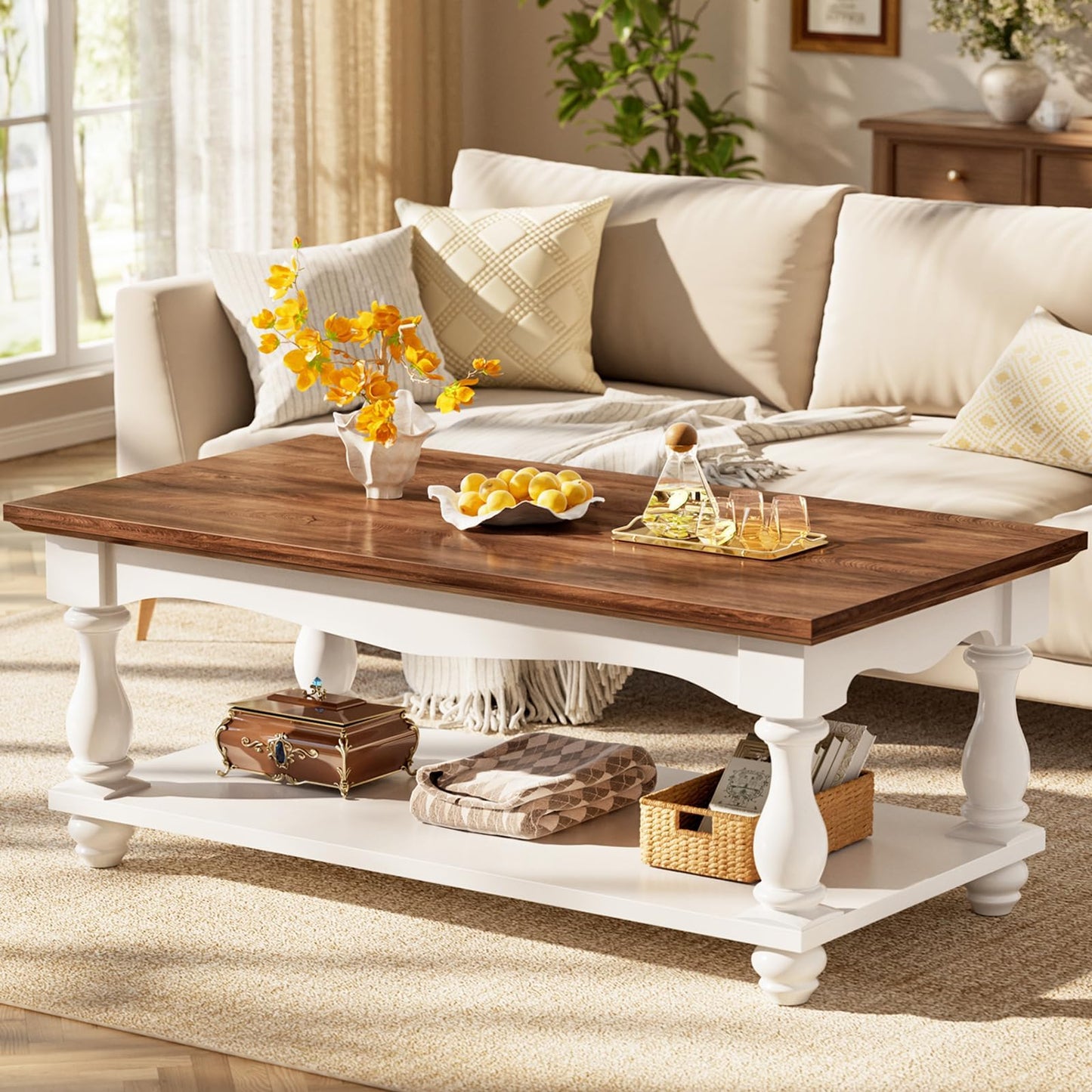 Besiost Farmhouse Coffee Table with Storage, 47" Mid Century Coffee Tables for Living Room, Modern 2-Tier Rectangle Coffee Table with Solid Wood Legs, Vintage Living Room Tables, Rustic Brown