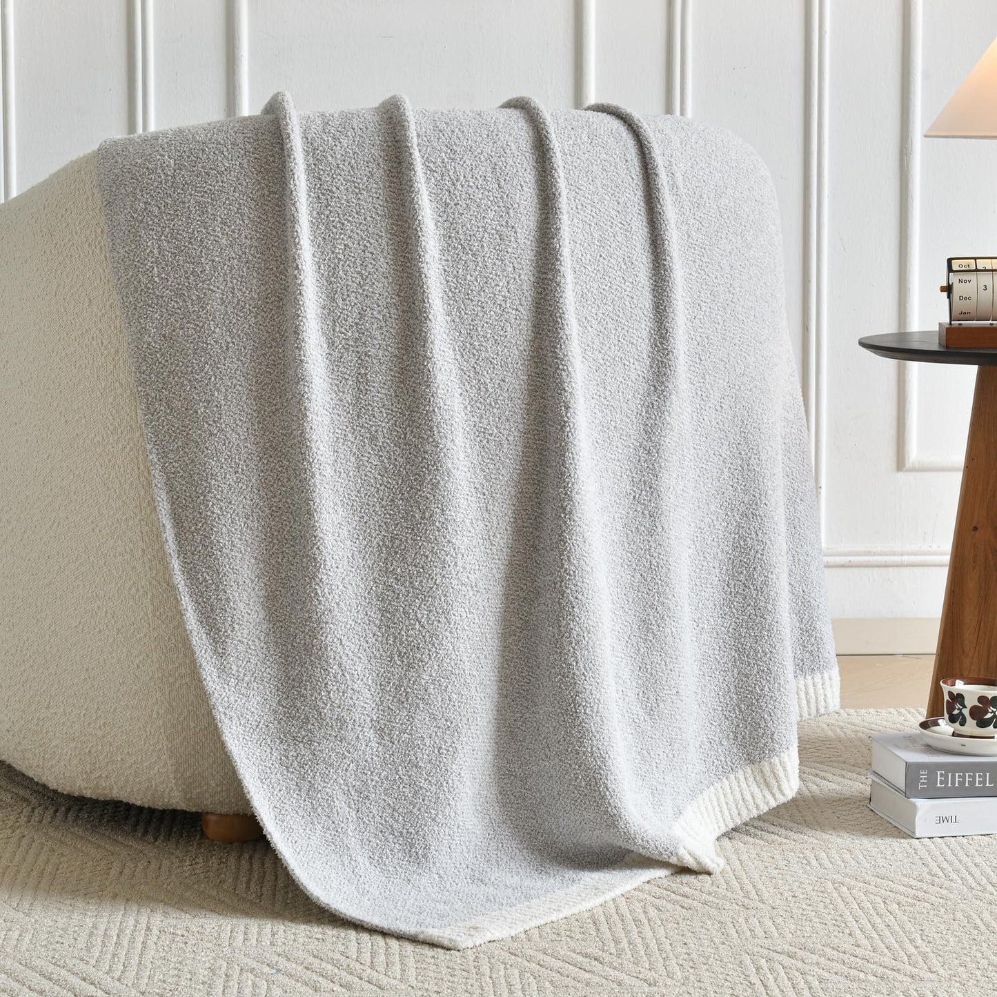 Chunky Knit Boucle Throw Blanket, Soft Washable Coastal Blanket for Bed Couch, Lightweight Cozy Oversized Feather Knit Blanket Indoor Outdoor for Sofa (Grey, Throw 50"x60")
