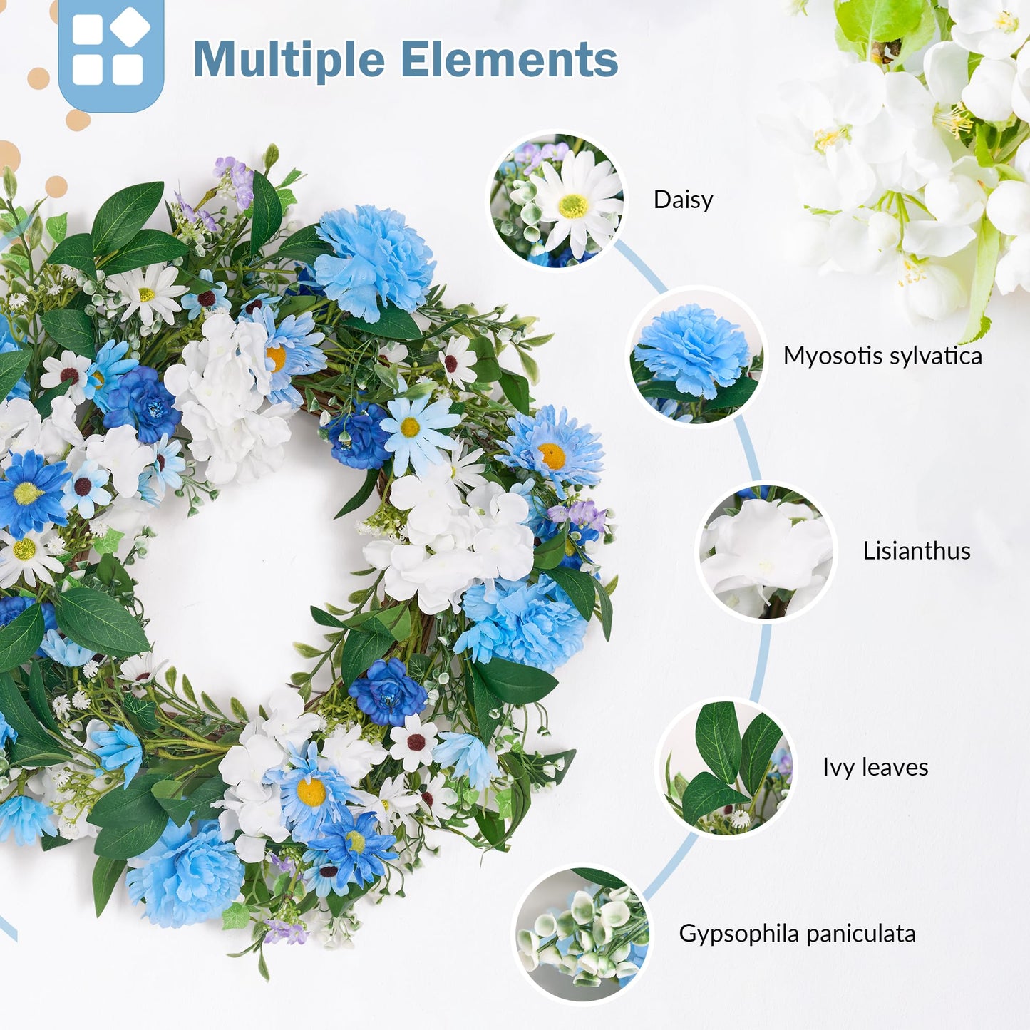 GENMOUS 24 Inch Summer Spring Blue Daisy Wreath for Front Door, Rustic and Farmhouse Flower Wreath with Myosotis sylvatica, Indoor&Outdoor Wedding Wall Home Decor