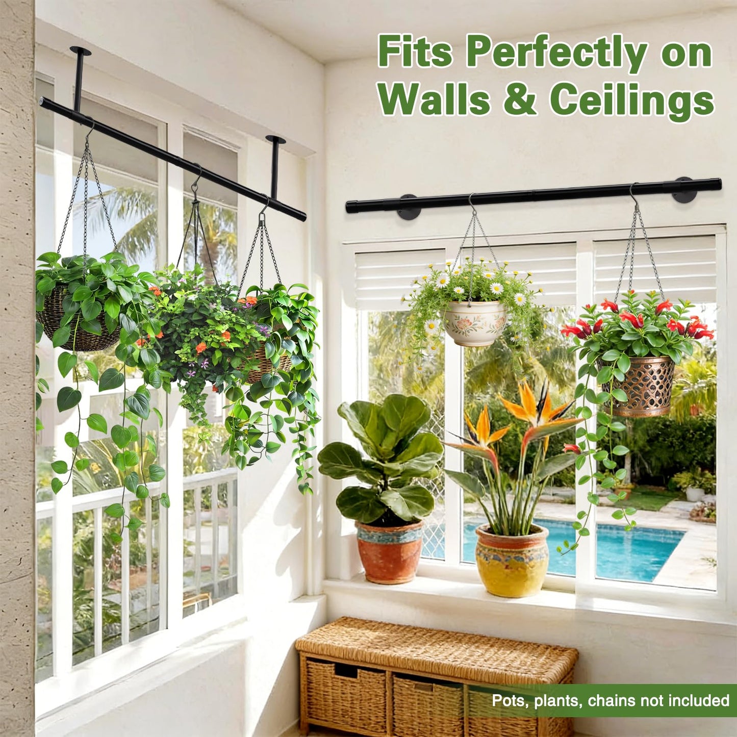 SUTINE Plant Hanging Rod, 47 Inch Plant Hanger Indoor for Window Ceiling, Heavy Duty Hanging Planters for Indoor Plants, Black Wall Plants Holder, Window Plants Shelves Pot/Chain/Plant Not Included