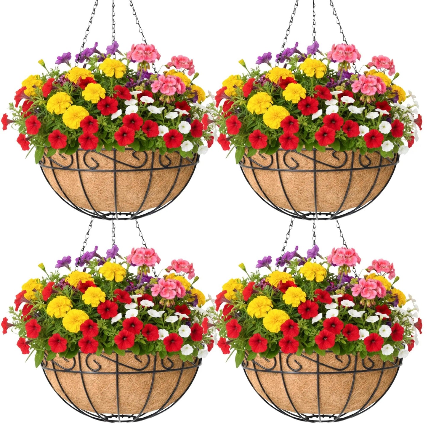 KIDYBELL 4 Pack 14 Inch Hanging Baskets for Plants Outdoor Metal Hanging Planter Basket with Coco Coir Liner Hanging Flower Pots Holder for Garden, Patio(Flower)