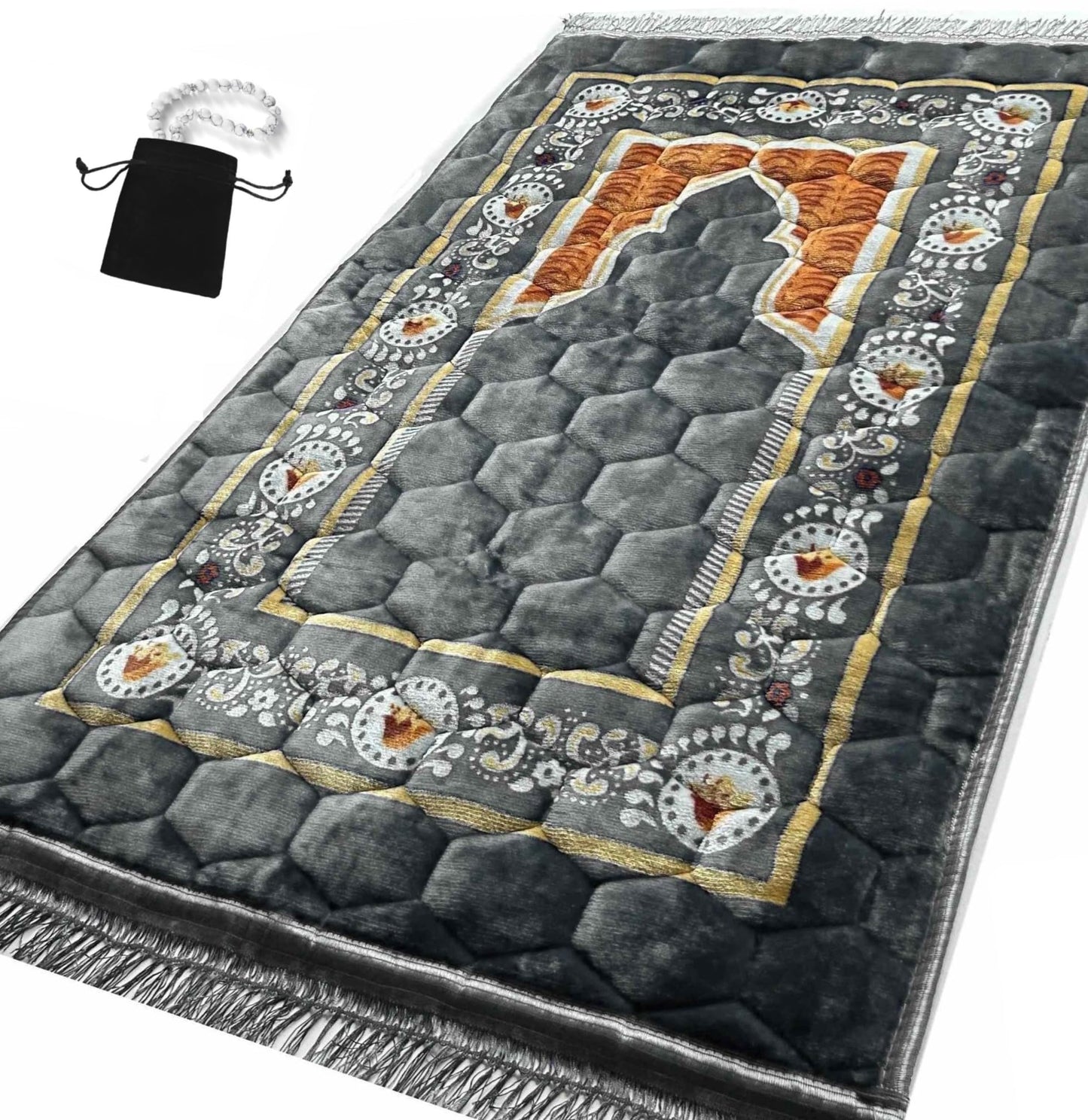 Prayer Rug Muslim Mat Islamic - Padded Very Thick Prayer Rug Sajadah for Men Women with Islam Prayer Beads for Eid Travel Ramadan, Soft and Luxury (Grey)