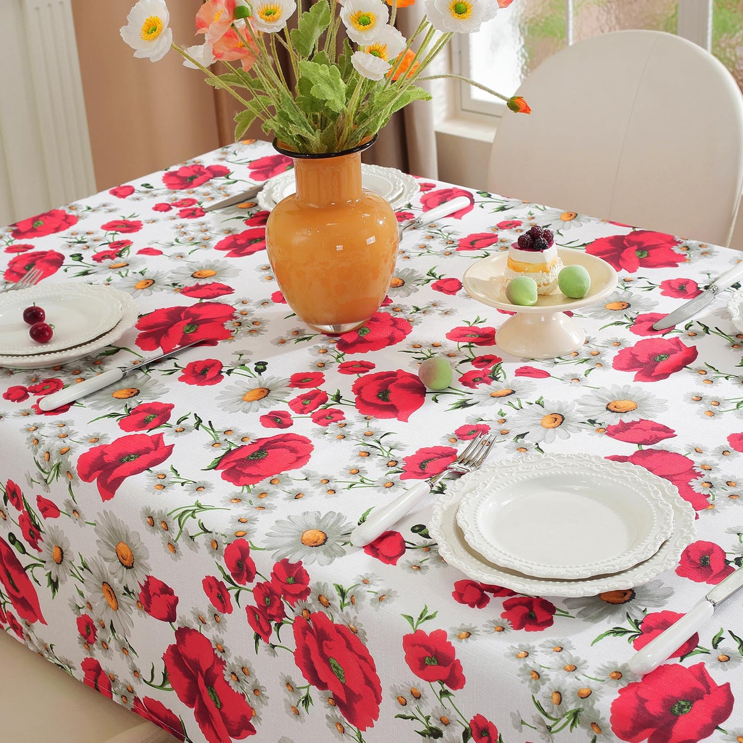 SASTYBALE Spring Summer Tablecloth 52 x 70 Inches Rectangle Red Floral Table Cloth, Washable Water Resistant & Wrinkle Free Polyester Texture Table Cover for Party,Picnics, and Dinner Decor