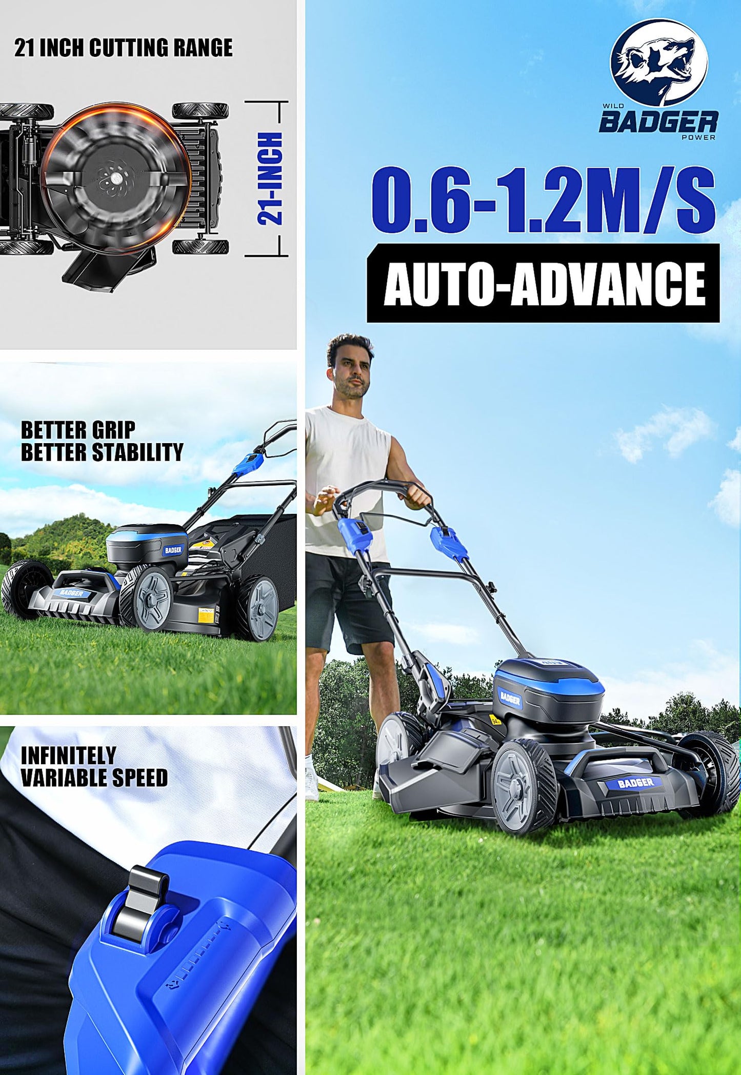 Wild Badger Power 40V 21″ Cordless Lawn Mower Brushless, 6,534 sq ft/0.15 ac, 2×4.0Ah Batteries & Fast Charger, 7-Position Heights,for Medium-to-Large Lawns