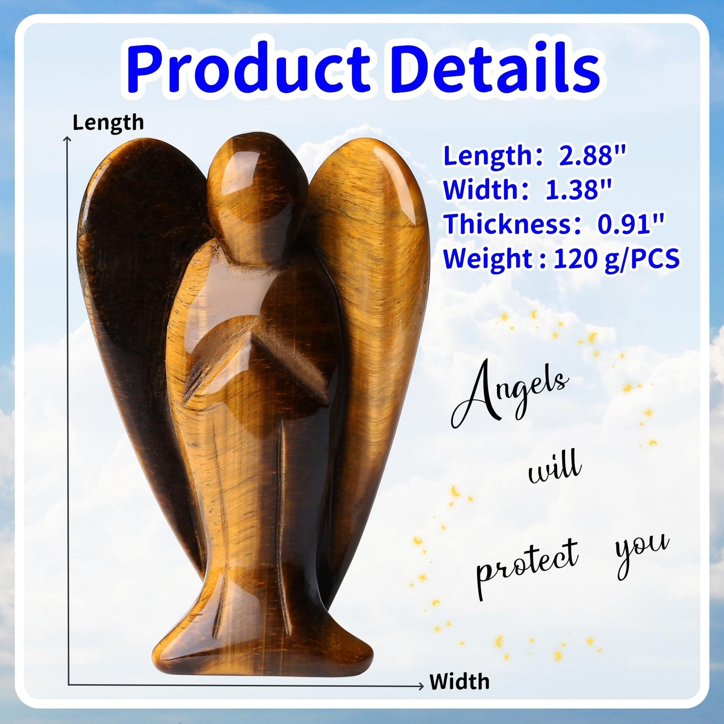 YATOJUZI 3" Tiger's Eye Angel Decor Big Hand-Carved Angels Guardian Sculpture Statue Figurines Natural Crystal Stones and Healing Crystals Cute Home Room Office Desk Decoration Wisdom Gifts for Women