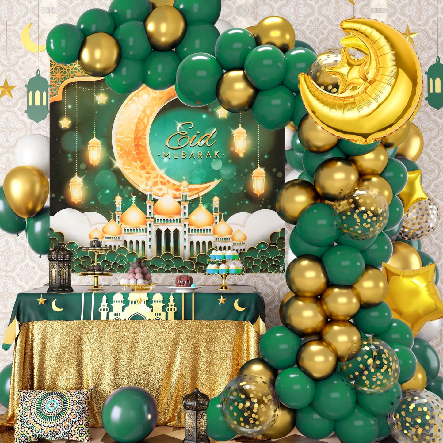 Eid Mubarak Decorations for Home - 74pcs Ramadan Decorations with Green Gold Star Moon Ramadan Balloons and Eid Mubarak Banner for Ramadan Decor