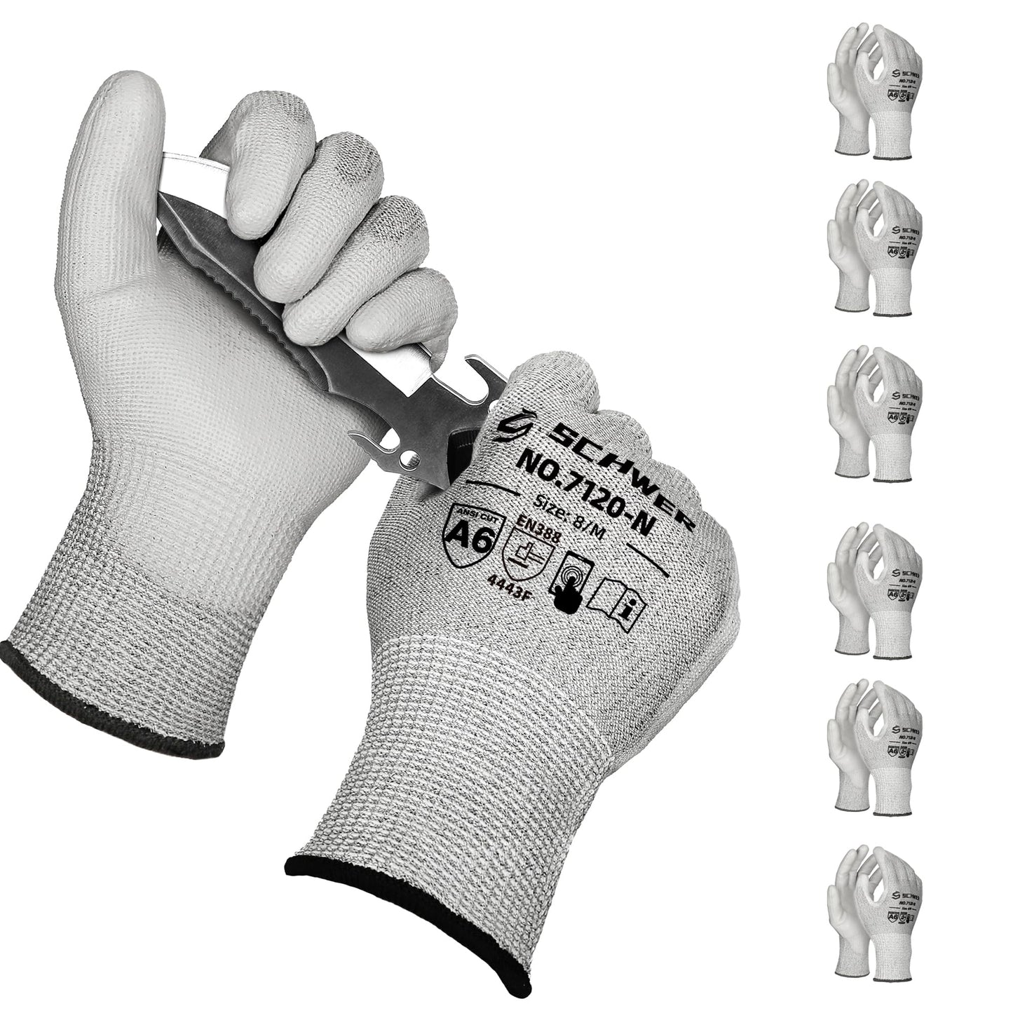 Schwer 6 Pairs Cut Resistant Gloves ANSI A6/A7 (Send Randomly) CR7120 Cut Proof Work Gloves, Touchscreen, for Men and Women Used for Woodworking, Glass Cutting, Construction, Cargo Handling, M