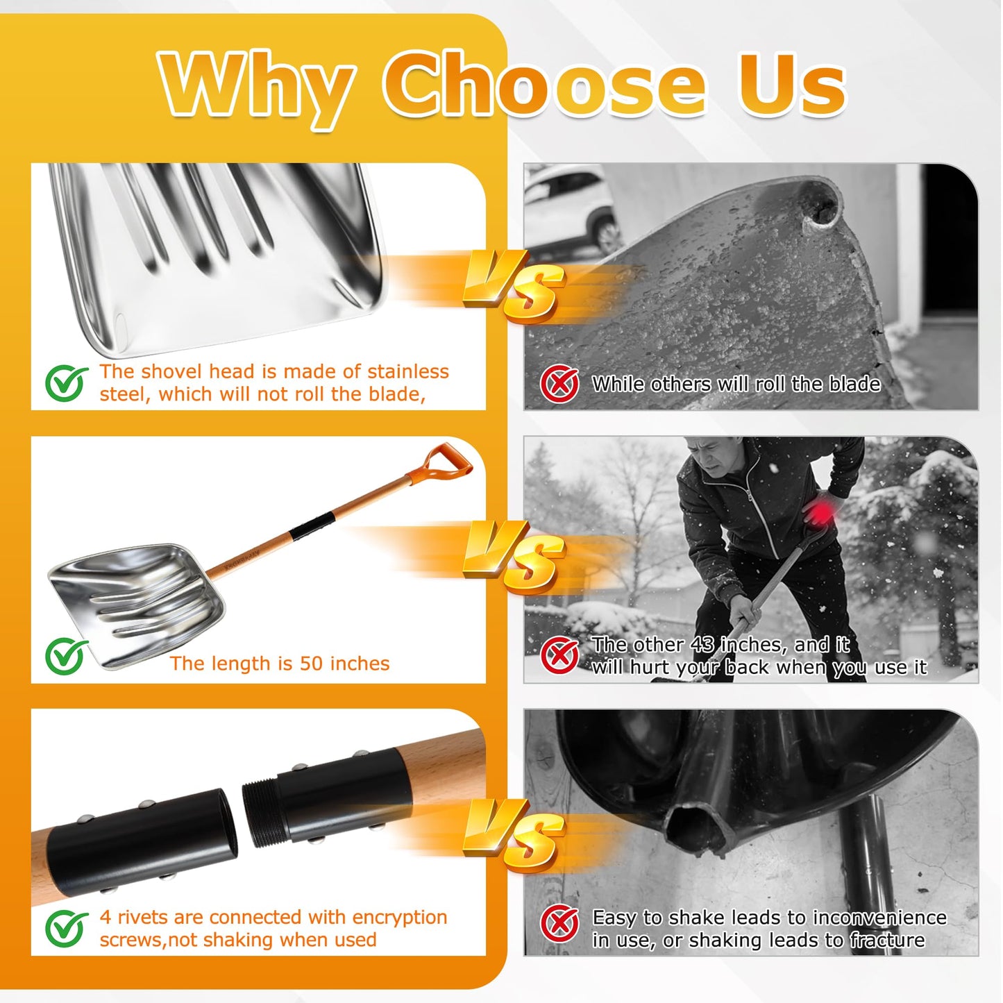 ATFVERDEX Scoop Shovel,Snow Shovel for Driveway with Non-Slip Wooden Handle and D-Shaped Grip,Quickly Clear the Snow from the Driveway and Yard