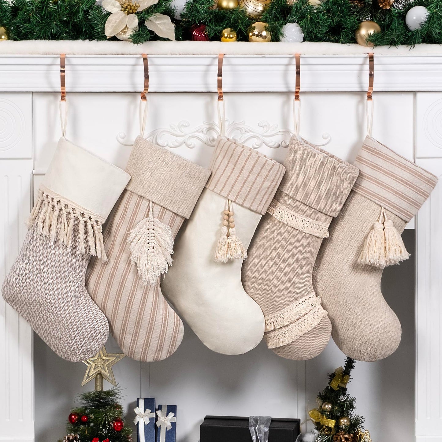 GEX Christmas Stockings 5 Pack for Family 20" Large Rustic Farmhouse Country Xmas Stockings with Tassels Hanging Ornament Decorations for Fireplace Xmas Season (Beige, Set of 5)