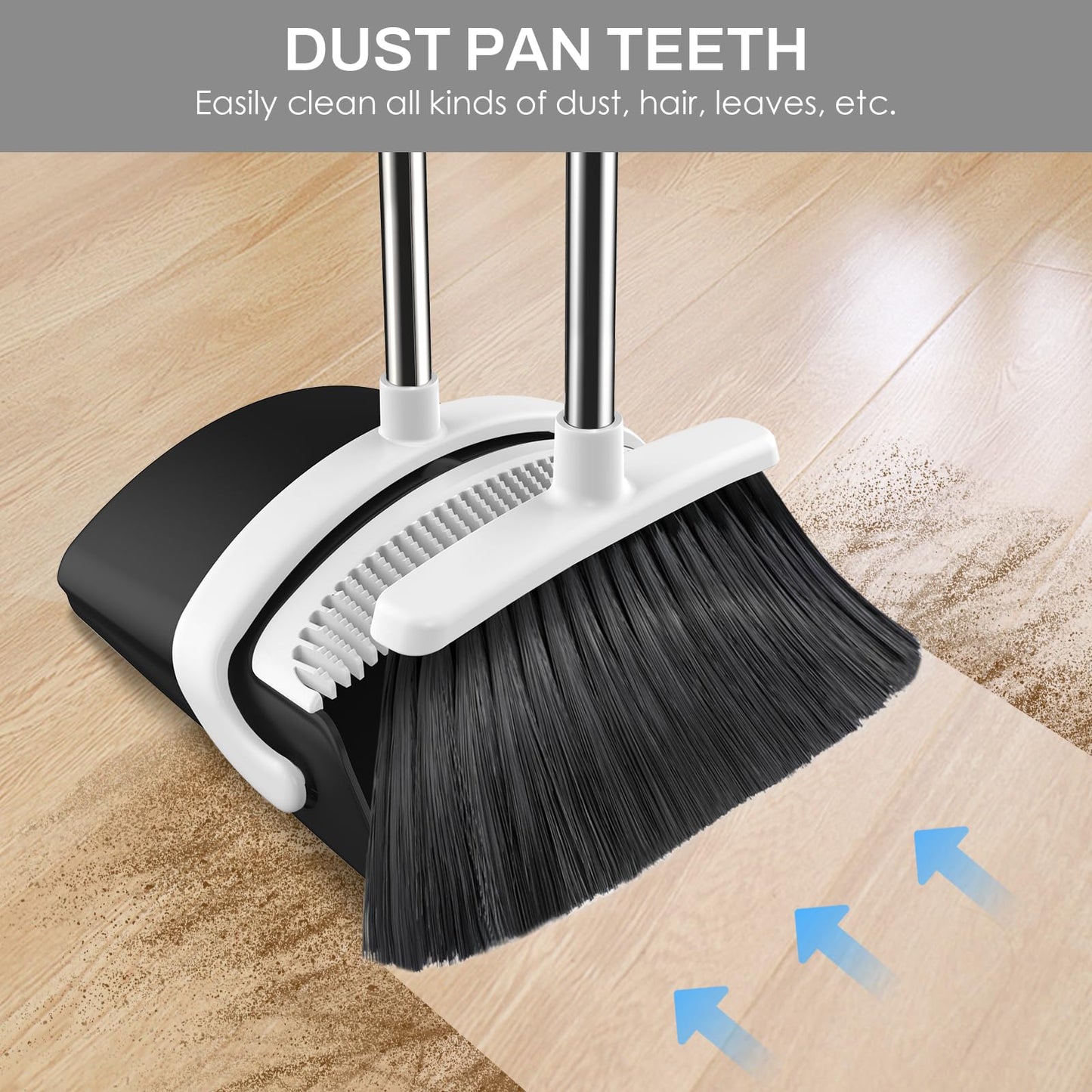 EZKEY Broom and Dustpan Set for Home, 51-in Long Adjustable Handle Angle Broom and Dustpan Combo Set with Dust Pan Teeth to Clean Hair for Home Kitchen Office Lobby Floor Garden (Black&White)