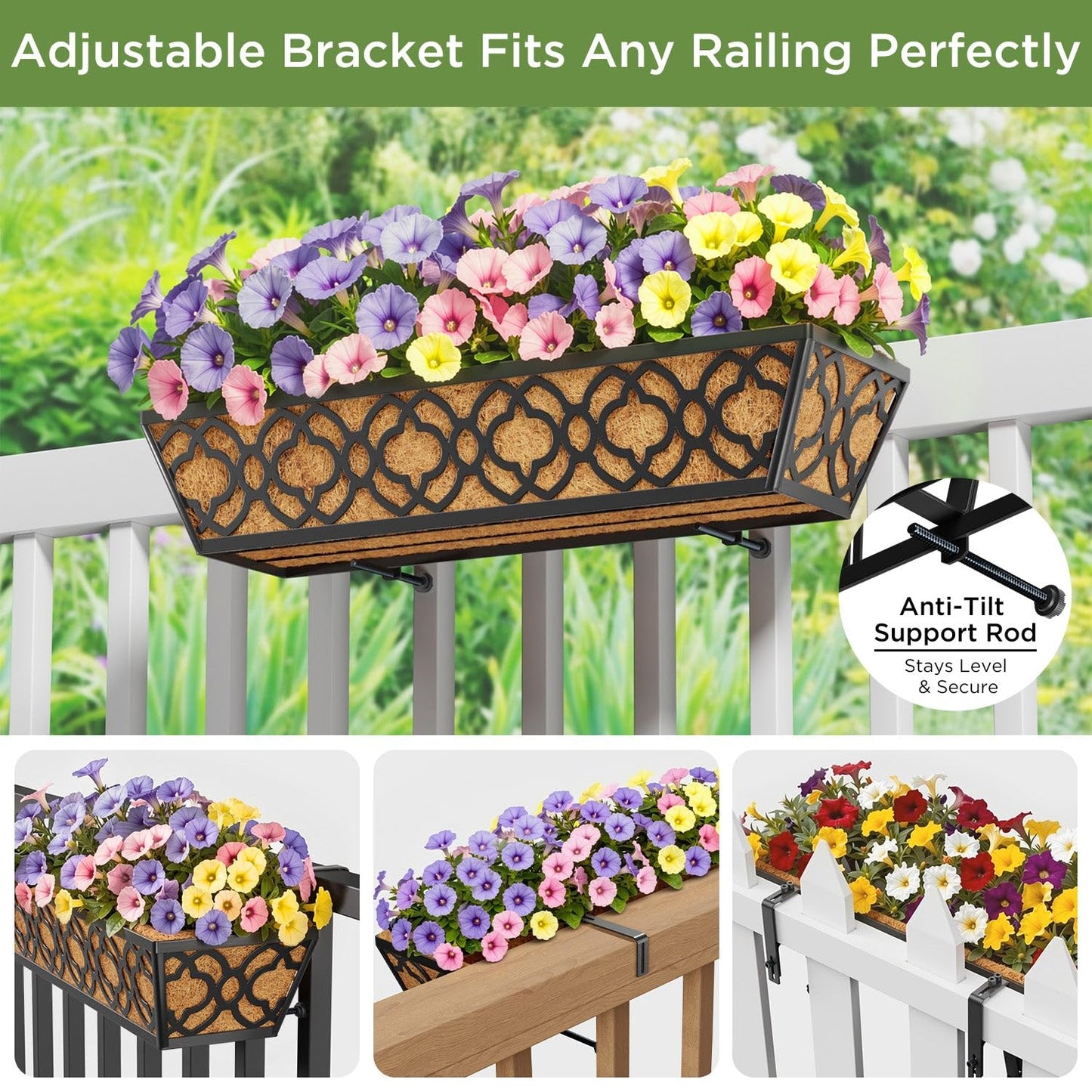 HFHOME 24 Inch Window Deck with Coco Liner, 24" Window Boxes Horse Trough with Coconut Coir Liner, Black Metal Hanging Flower Planter Basket Railing Planter for Outdoor Indoor Lawn - 2 Pack