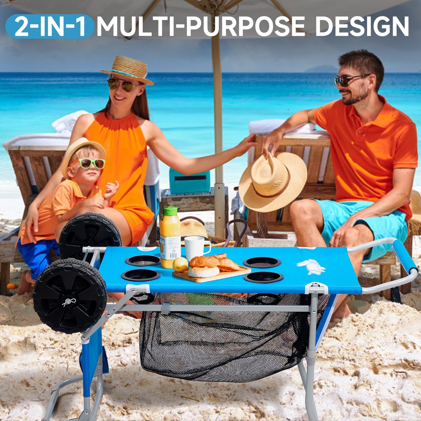 2-in-1 Beach Cart with Big Wheels for Sand, Folding Utility Wagon with Chair Holder, Mesh Storage, 4 Cup Holders, Umbrella Rack, Supports 100 lbs, Compact & Portable for Beach, Camping, Shopping, Blue