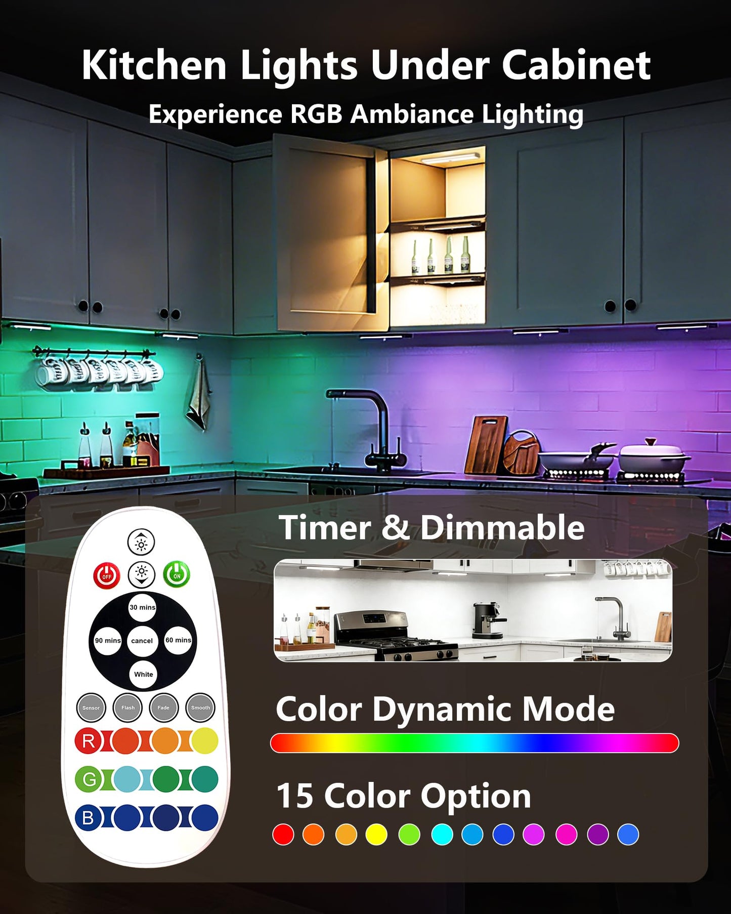 SZOKLED 58-LED Under Cabinet Lighting Wireless, RGB Motion Sensor Night Lights, 1100mAh Magnetic Under Cabinet Lights for Kitchen, Shelf, Stair, 15 Color (4 Pcs)
