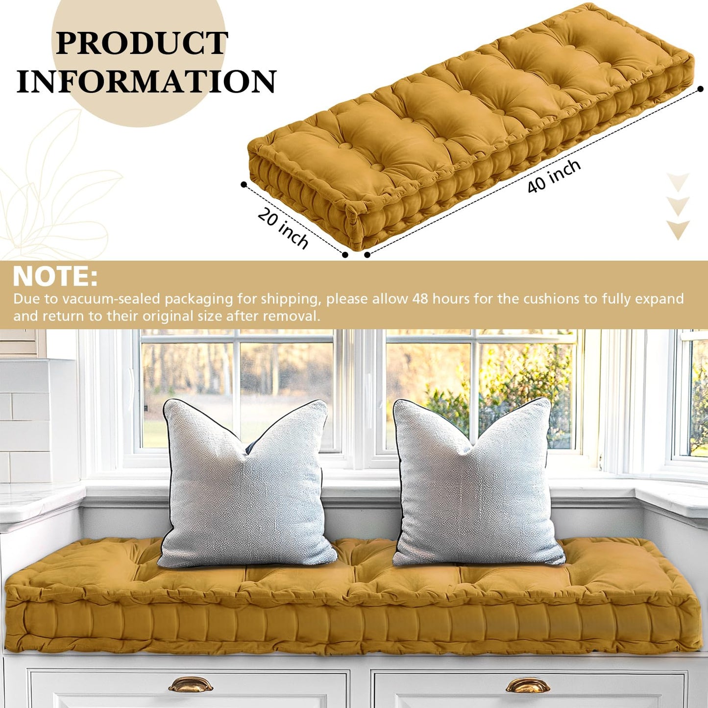 Threehoney Bench Cushions for Indoor Furniture 40x20 in Velvet Kitchen Dining Piano Window Seat Cushion, Tufted Patio Porch Swing Thicken Bench Pad Memory Foam(Yellow)