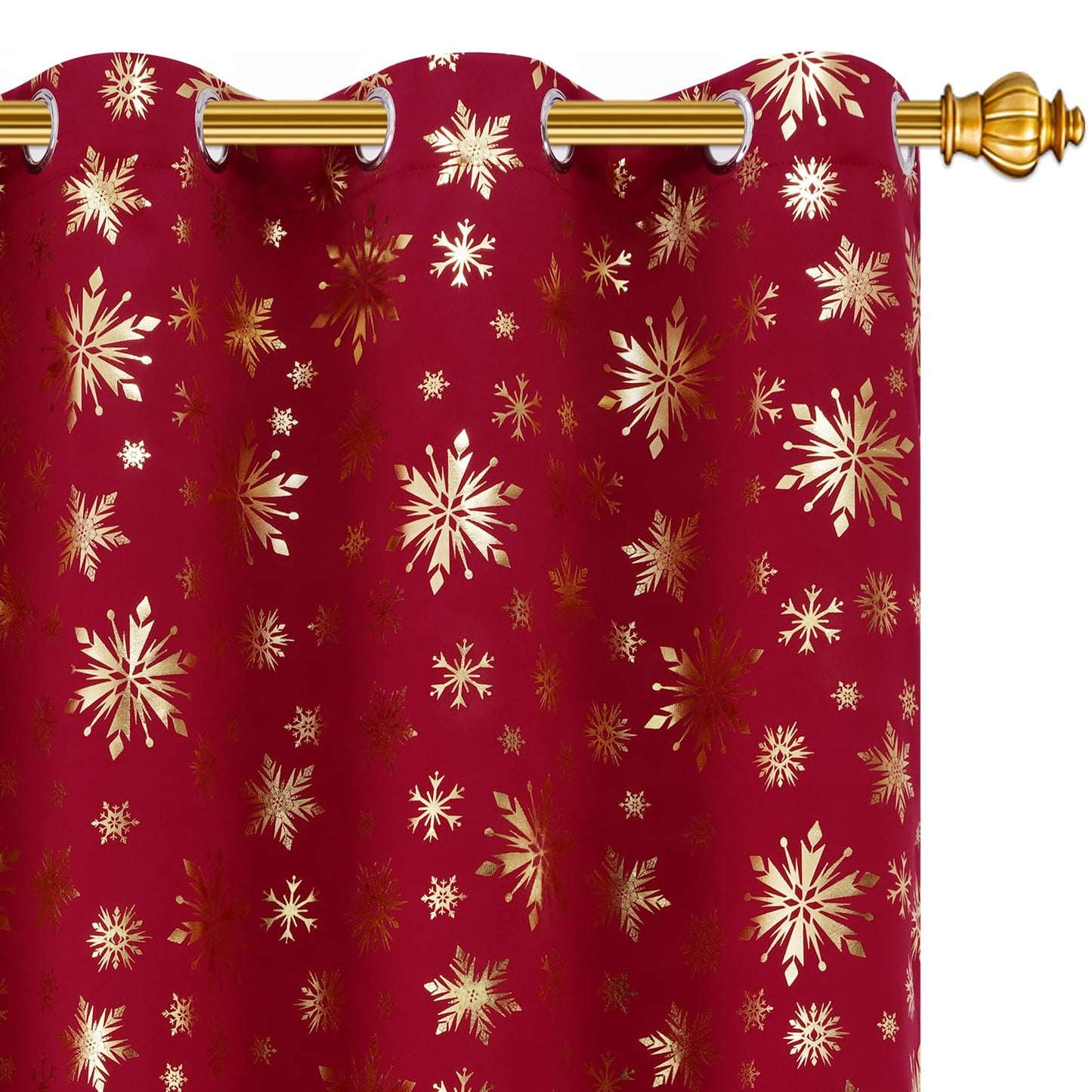 FRAMICS Christmas Curtains for Living Room and Bedroom - Gold Snowflake Foil Print, Blackout, Red, 84 Inch Length, 2 Panels Set, Grommet Window Curtains for Winter