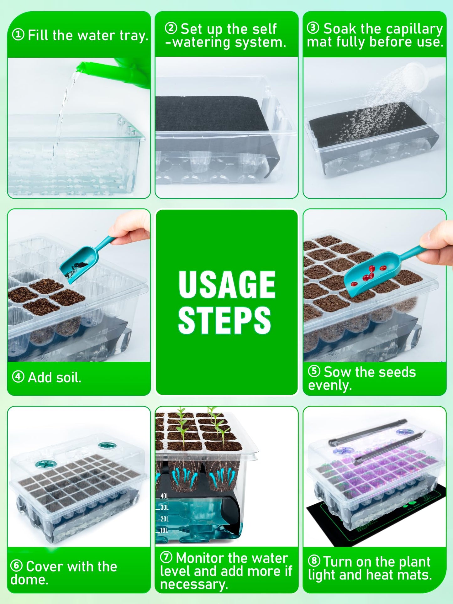 Hugbow Self-Watering Seed Starter Tray with Grow Light and Heat Mat, 80-Cell Plant Starter Trays Seed Starter Kit, Seed Starter Tray for Seed Starting, Plant Germination & Seedling Growing, 2 Pack