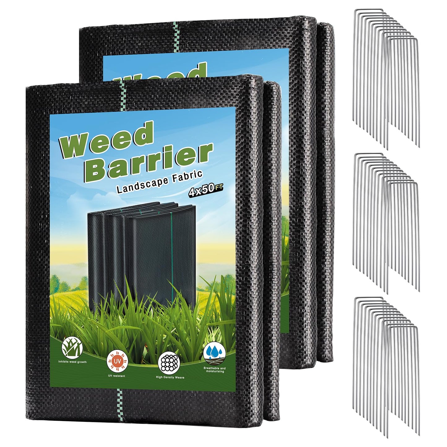 4 x 100FT Garden Weed Barrier Landscape Fabric Heavy Duty Weed Fabric Barrier Premium Garden Ground Cover Weed Control Mat with 30 U-Shaped Securing Pegs for Garden Farming Ground (4 x 50FT 2 Pack)