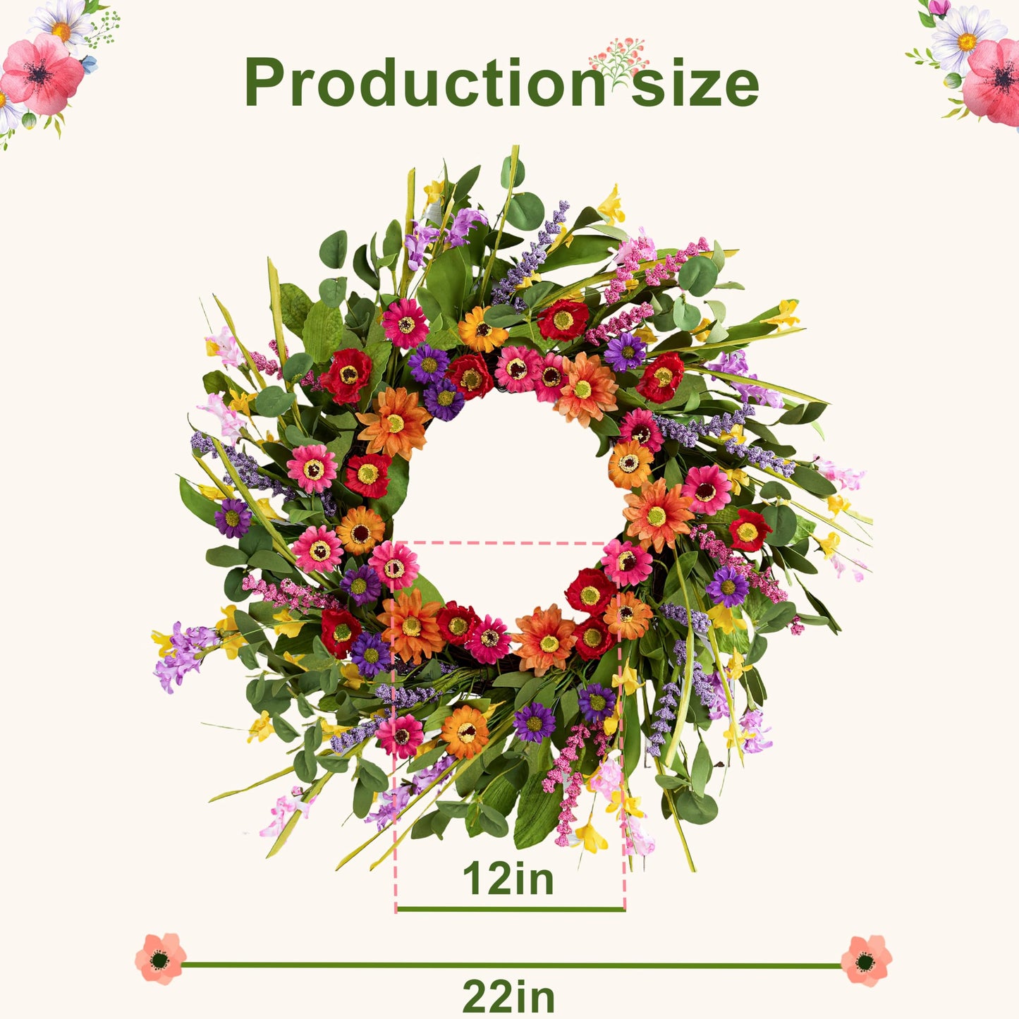 WSTPUPU Artificial Spring Wreath 22 Inch Summer Wreaths for Front Door with Green Eucalyptus Leaves Pink Daisy Lavender Spring Door Wreath for Farmhouse Wall Wedding Home Porch Easter