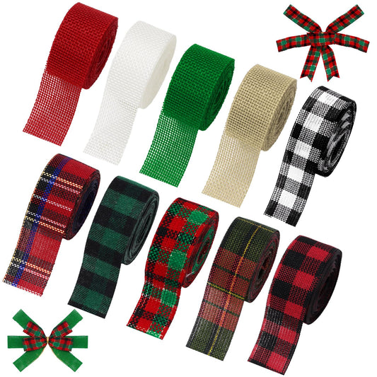 Whaline 10 Rolls 50 Yards Christmas Burlap Ribbon Rolls 1 Inch Wired Plaid Wrapping Ribbons Xmas Decorative Ribbon for Wreath Bow Gift Decor
