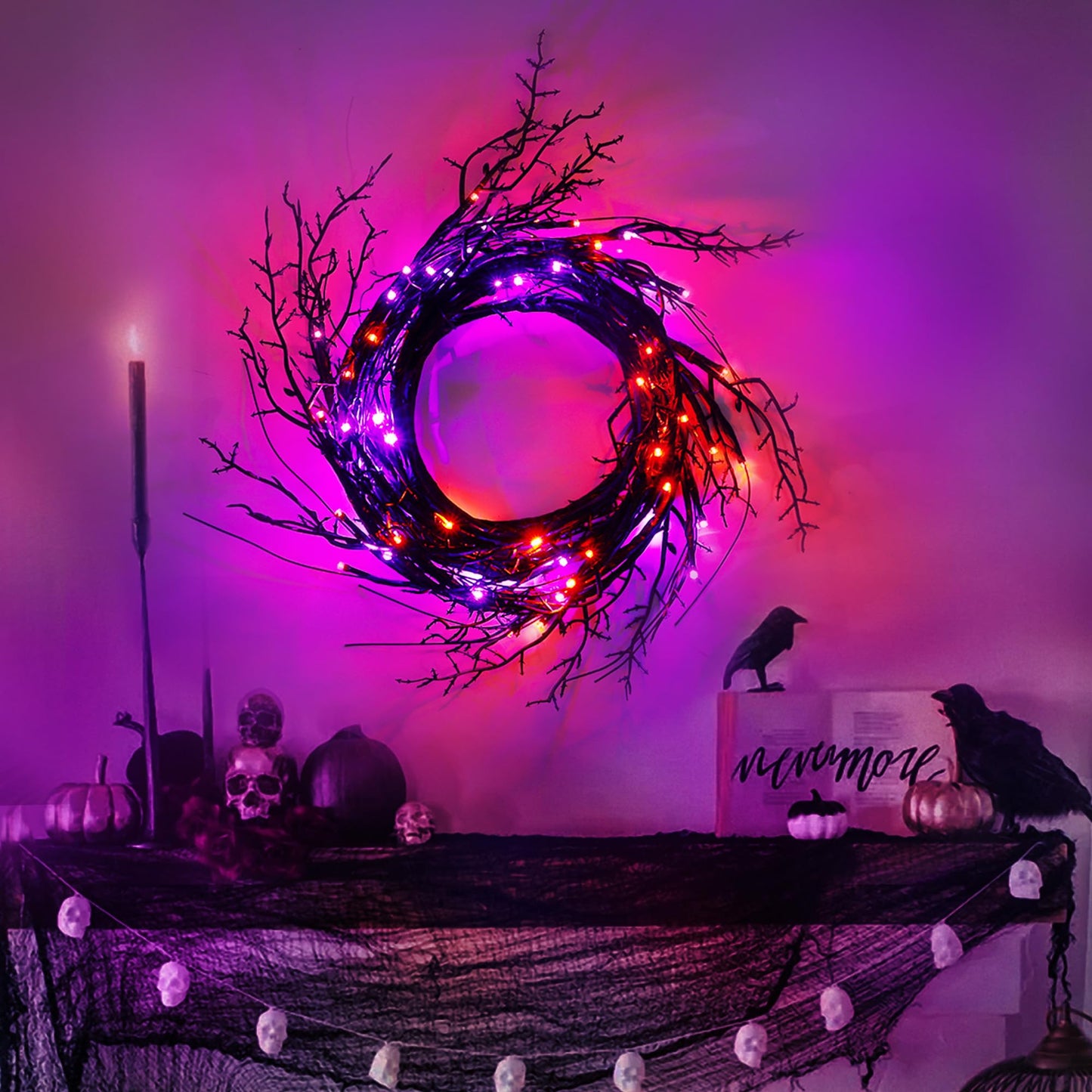 9FT 72 LED Willow Vine Twig Decorations Black Halloween Garland with Orange & Purple Light, 8 Modes Battery Operated Halloween Lights Indoor for Mantle Fireplack Table Home Office Room Party Decor