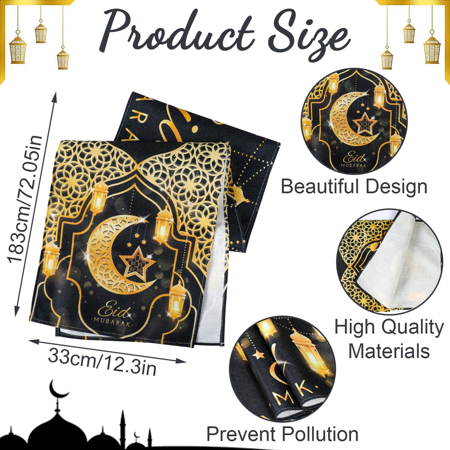 Fengrise Eid Mubarak Table Runner - Black Gold Ramadan Kareem Decorations for Home 2026, Star Moon and Lantern Pattern, Eid Al-Fitr Table Cloth,Islamic Decorations Supplies for Kitchen Indoor (13x72)