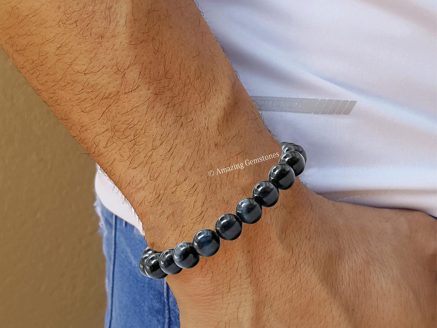 Amazing Gemstone Crystal Bracelet for Women Men's Gifts - Protection Healing Crystal Bracelet - 8mm Gemstone Beaded Stretchable Bracelet Pulseras Para Hombres Mujer Stocking Stuffers Mothers Day Gift (Tiger Eye (Blue & Black))