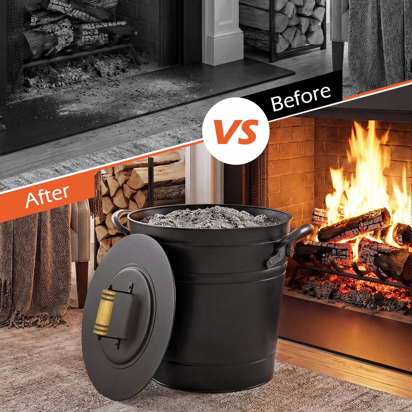 Tangkula 3 Gallon Ash Bucket with Lid, Galvanized Metal Coal Ash Cleaning Can w/Mango Wood Handle & Dual Side Handles, Indoor & Outdoor Fireplace Tool Ash Pail for Fire Pits Wood Burning Stoves