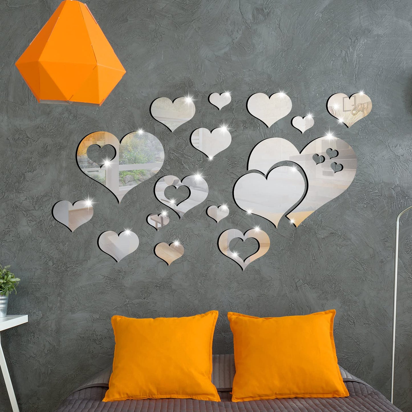 Zonon 17 Pieces Heart Mirror Wall Decal 3D Acrylic Heart Mirrors Wall Art Decor Removable Sticker for Living Room Bedroom Home Decoration