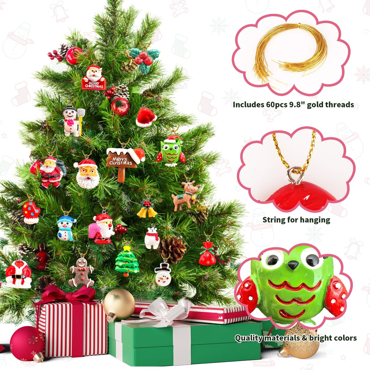 42 Pcs Mini Christmas Ornaments Miniature Small Resin Christmas Tree Ornaments for Mini Tree Hanging Decorations Tiny Christmas Figurines Bulk for Craft Holiday Christmas Decor Gift
