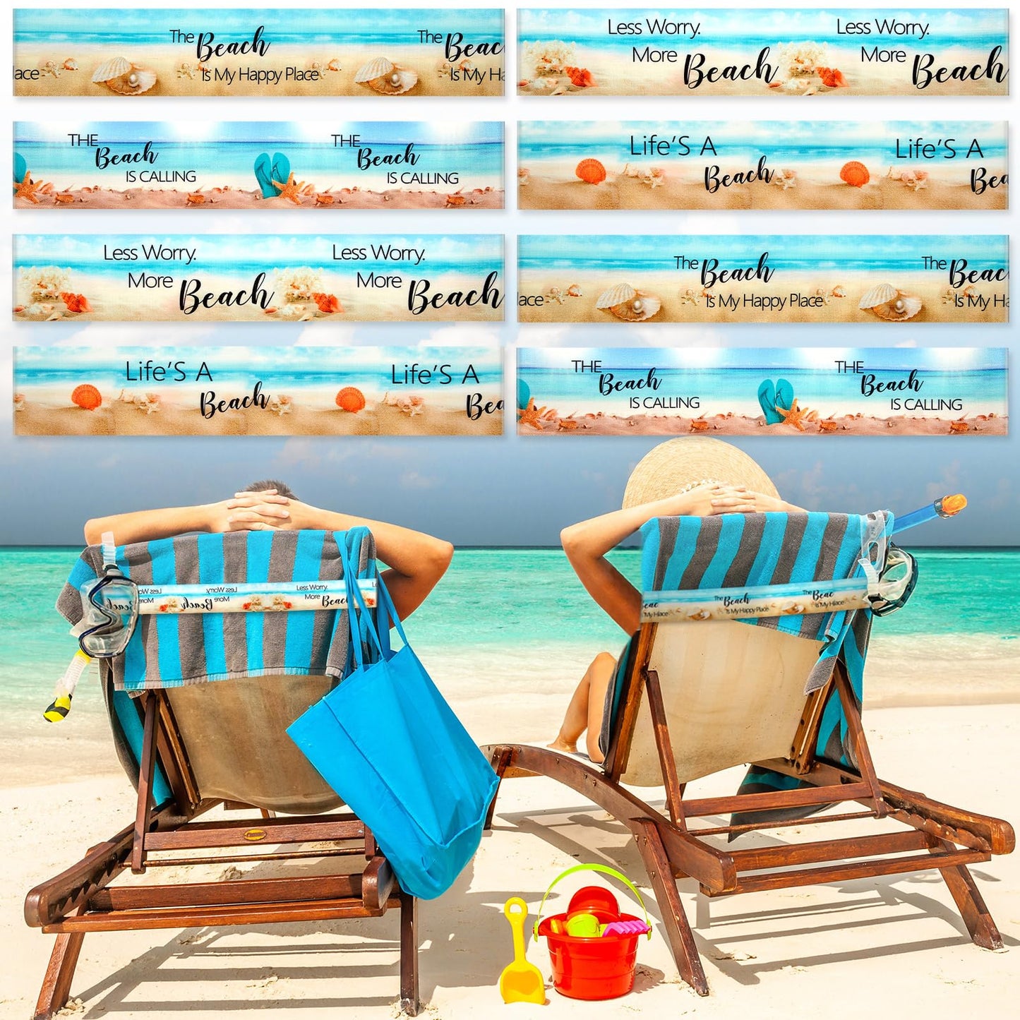 Boao 8 Pcs Large Towel Bands for Beach Chairs 15.75" x 1.97" Cruise Chairs Towel Bands Elastic Windproof Lounge Clips Strap Holder for Summer Pool Hawaiian Accessories Gifts (Beach)