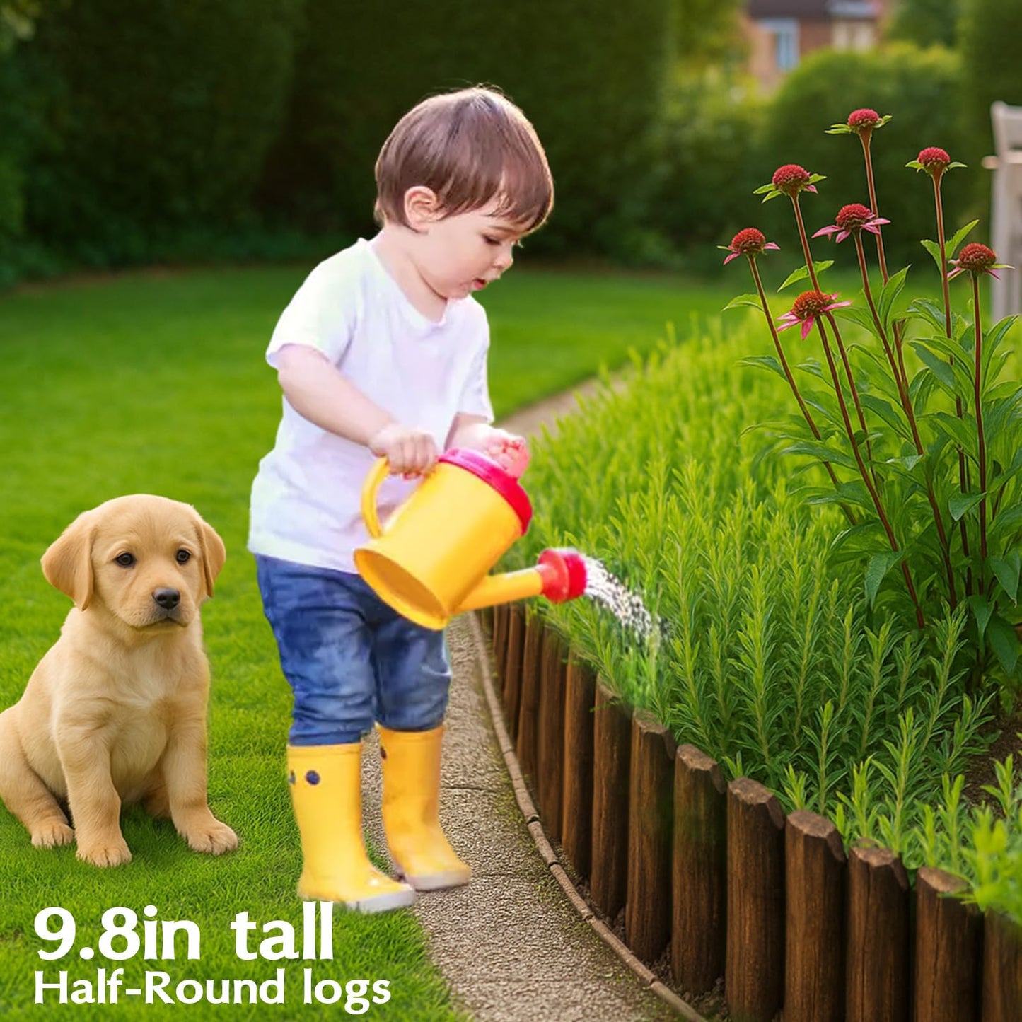 Wood Garden Edging for Landscaping, Round Log Fence Border for Flower Beds, Heavy-Duty Carbonized Pine with Rustic Look, Pre-Connected Natural Logs for Outdoor Paths and Lawns (11.8" H x 35" L, 1Pack)
