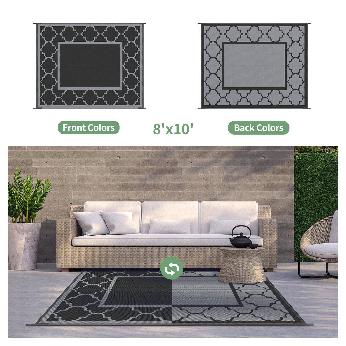 GENIMO 8' x 10' Outdoor Rug Patio Waterproof, Reversible Plastic Straw Area Rugs Mat for Camper Decor, Outside Carpet for Camping, Rv, Deck, Porch, Picnic, Beach, Balcony, Black & Grey