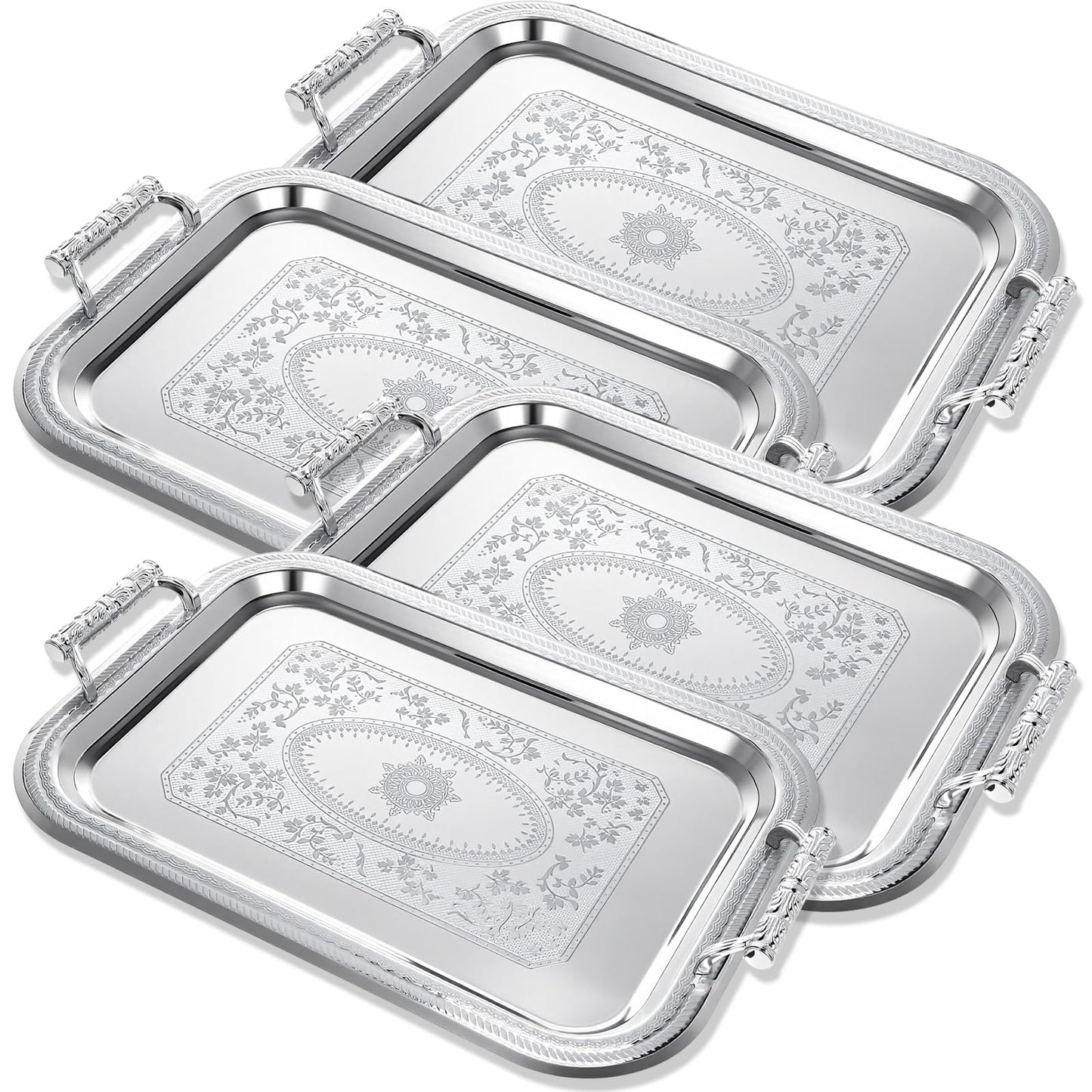 Teecyhooo 4 Pack Stainless Steel Serving Tray with Handle, 16 x 11.4 Inch Large Silver Plate Elegant Floral Metal Platter Tableware for Buffet Wedding Birthday Decorative