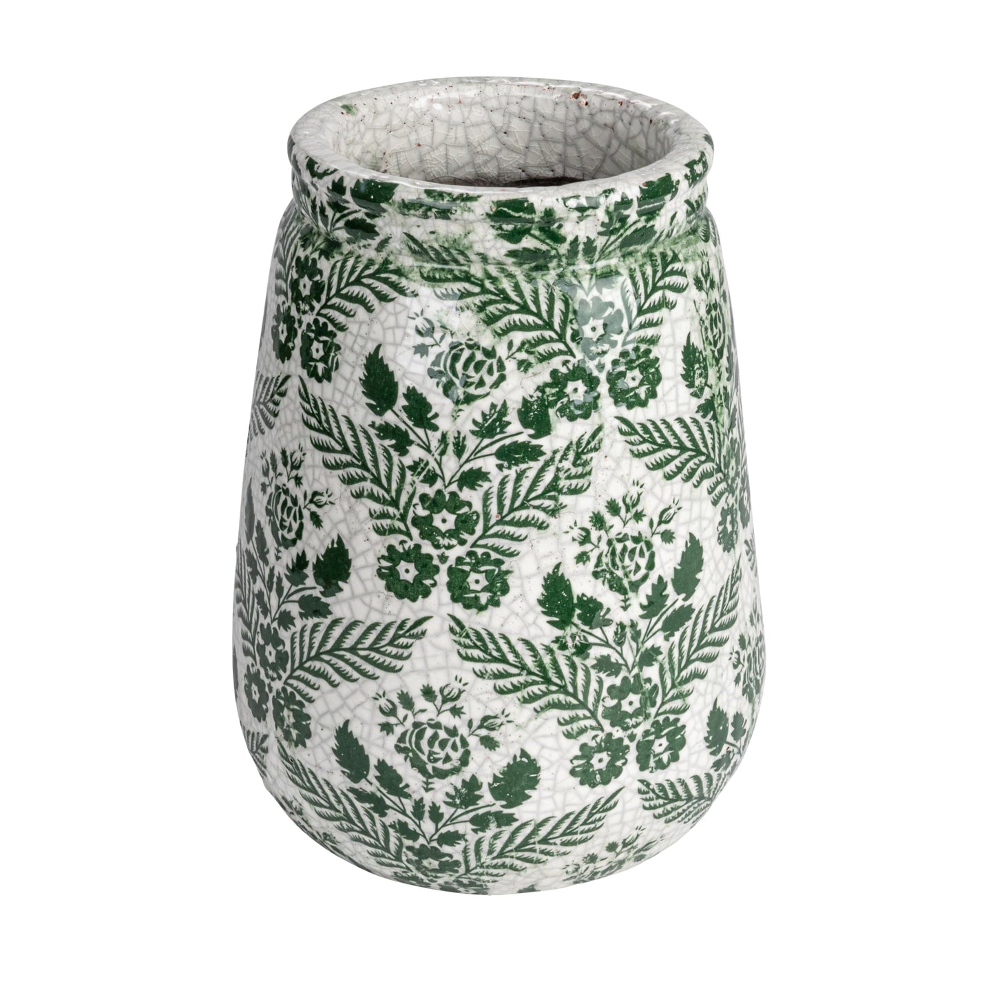 Creative Co-Op Terra-Cotta Planter Vase with Flower Pattern and Crackle Glaze, Green and White