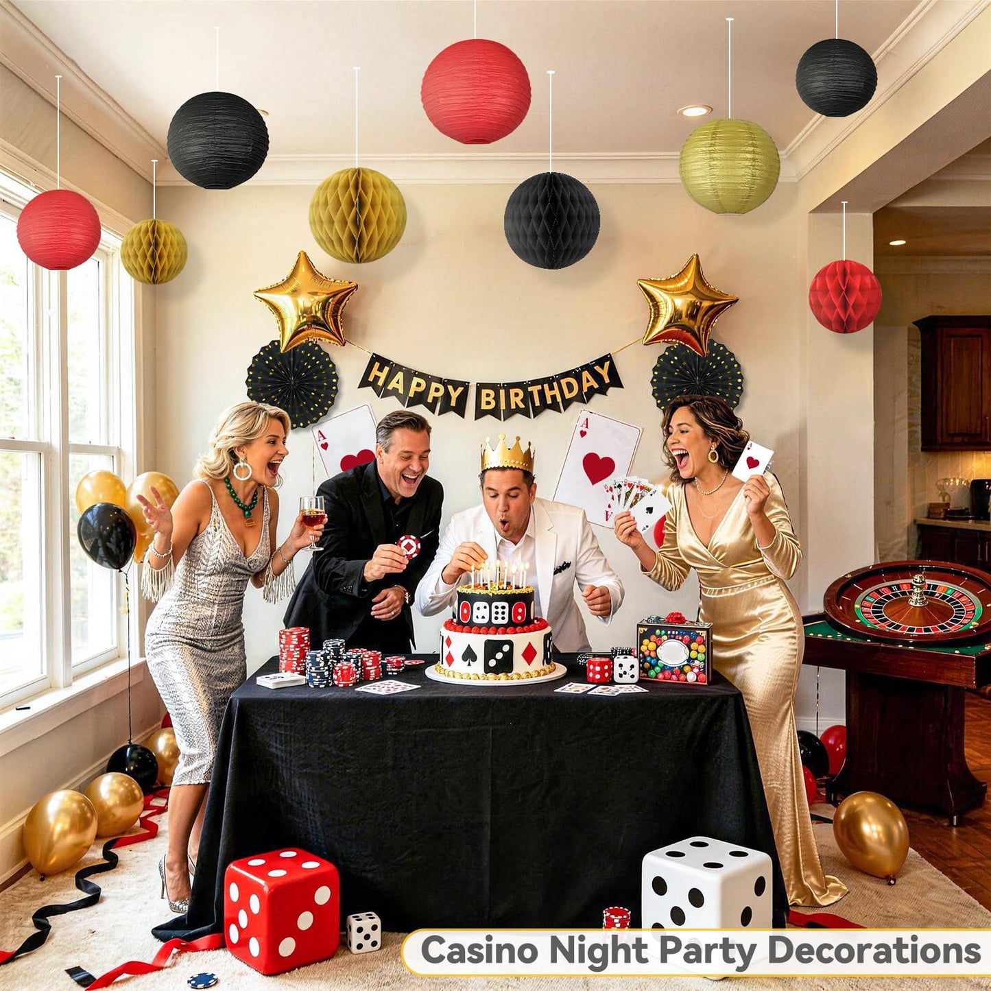 14 Pack Red Black and Gold Party Decorations Kit, Hanging Paper Lanterns & Fans for Casino Night, Red Carpet, Hollywood Theme Party, Game Night, Hibachi Party and Graduation