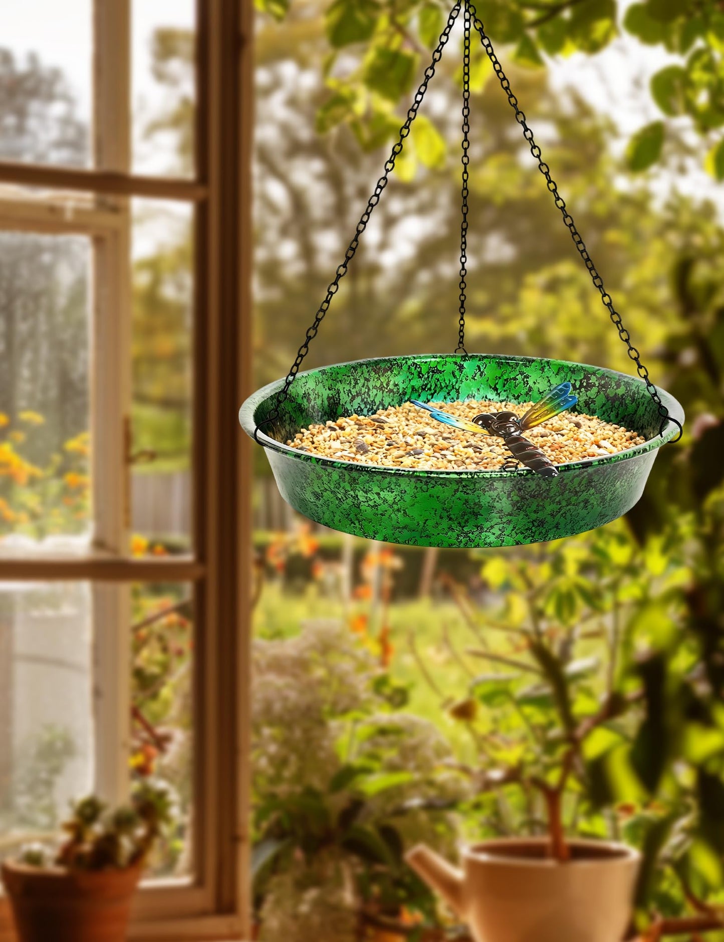 Hanging Bird Bath for Outside, 11.5” Metallic Green & Blue Metal Birdbath Bowl & Feeder with Black Chain Outdoor Garden Yard Decor