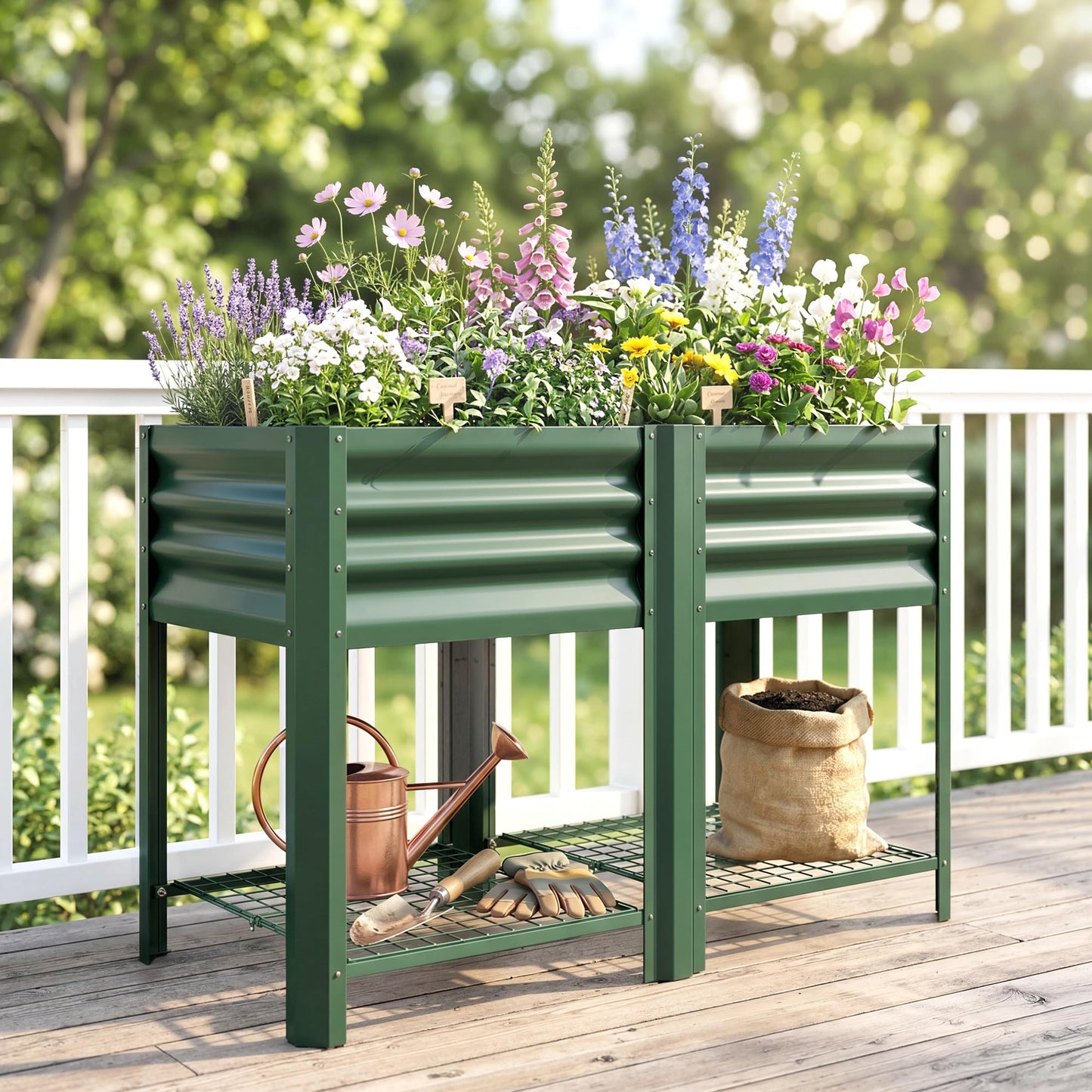 Outsunny Galvanized Steel Raised Garden Bed with Storage Shelf and Bed Liner, Elevated Planter Box with Legs for Flowers, Vegetables, and Herbs, for Outdoor Patio Yard, Glove Included, Green