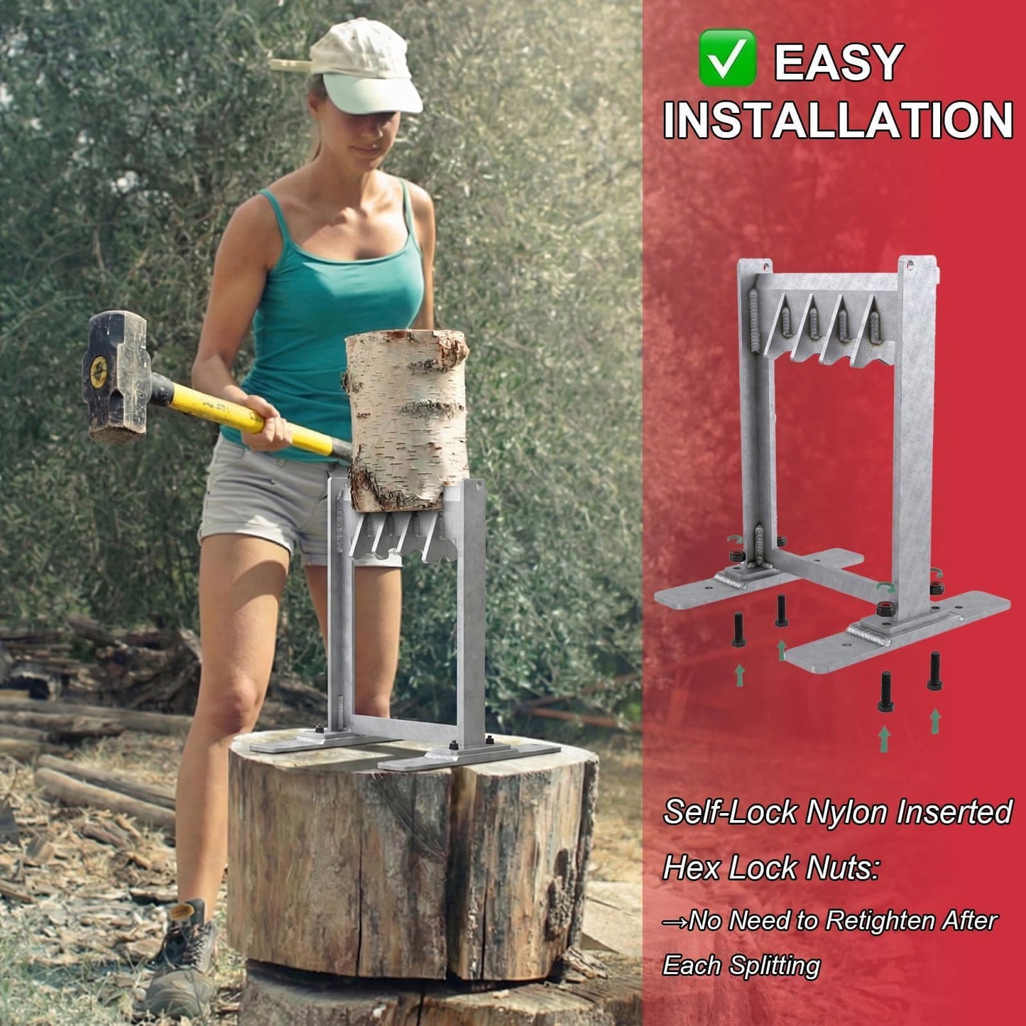 MEEPOCAN 8.5" Manual Log Splitter with Secure Metal Lock-On Safety Guard - Hardened Straight Sharp Blade & Rust-Proof Electroplated Steel - Portable Firewood Kindling Splitter for Camping & Home